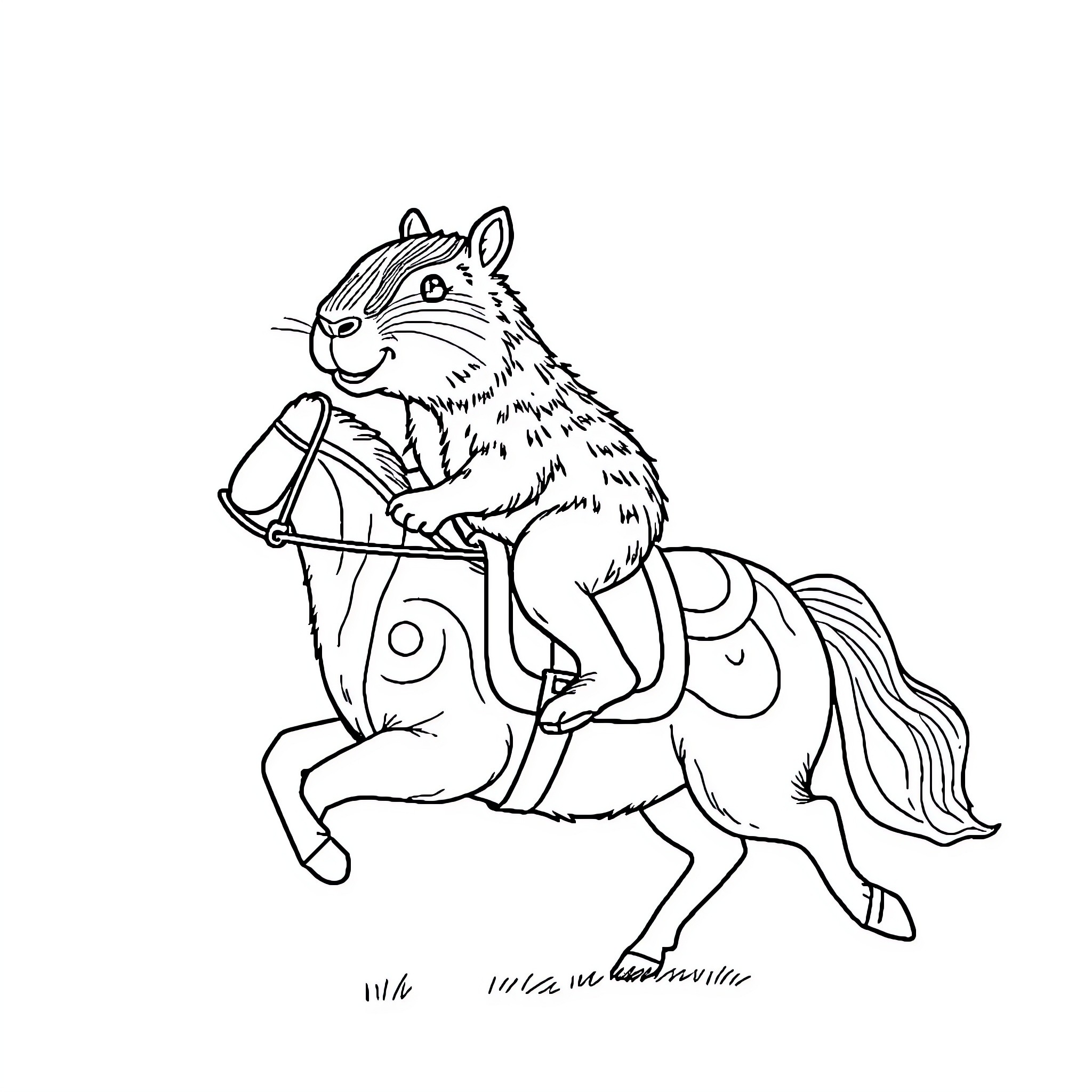 Capybara riding a colorful carousel horse Coloring Page (free black-and-white line drawing printable PDF for all, from beginners to advanced learners, including children, teens, adults, and seniors)