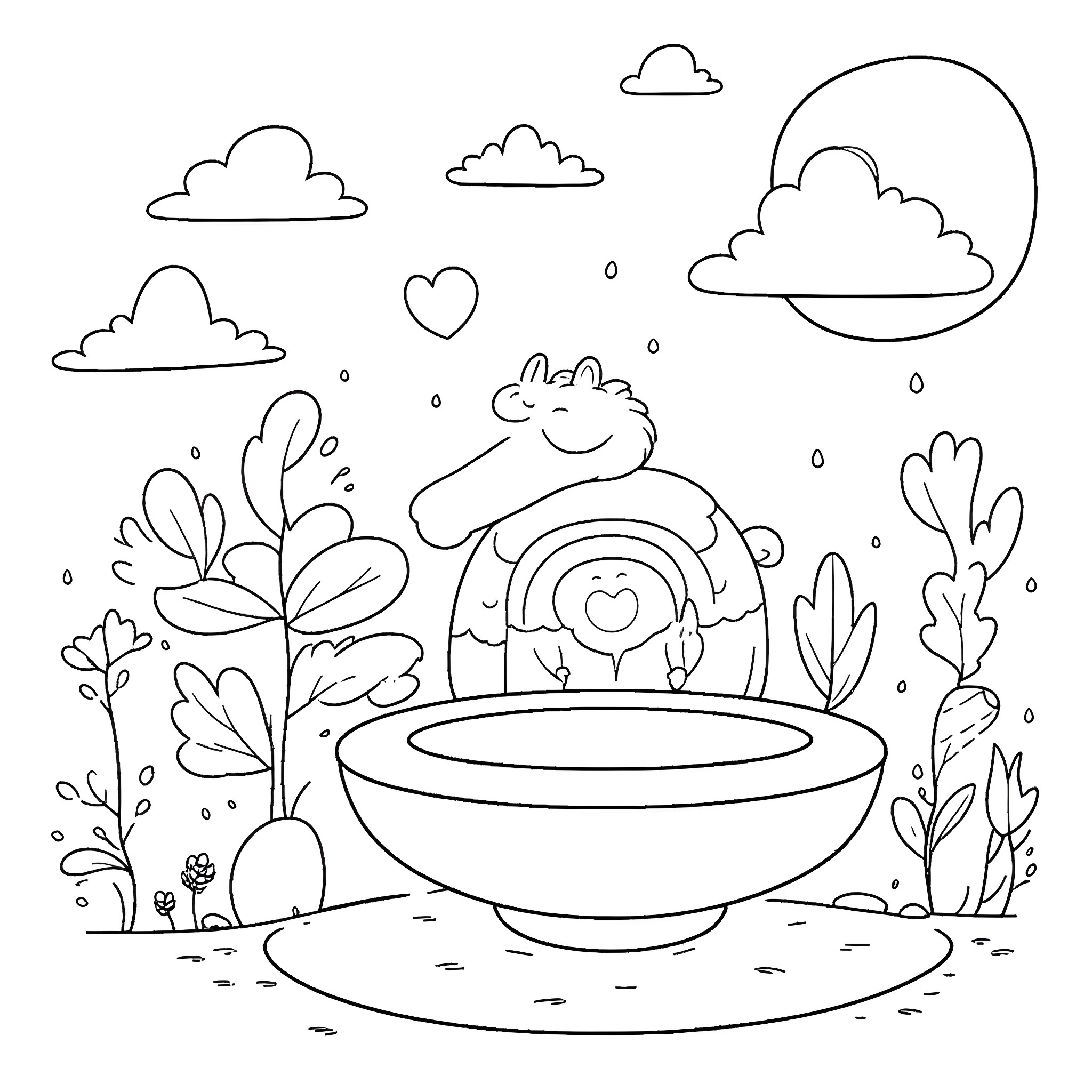 Image of a cheerful rabbit in a peaceful nature scene Coloring Page (free black-and-white line drawing printable PDF for all, from beginners to advanced learners, including children, teens, adults, and seniors)