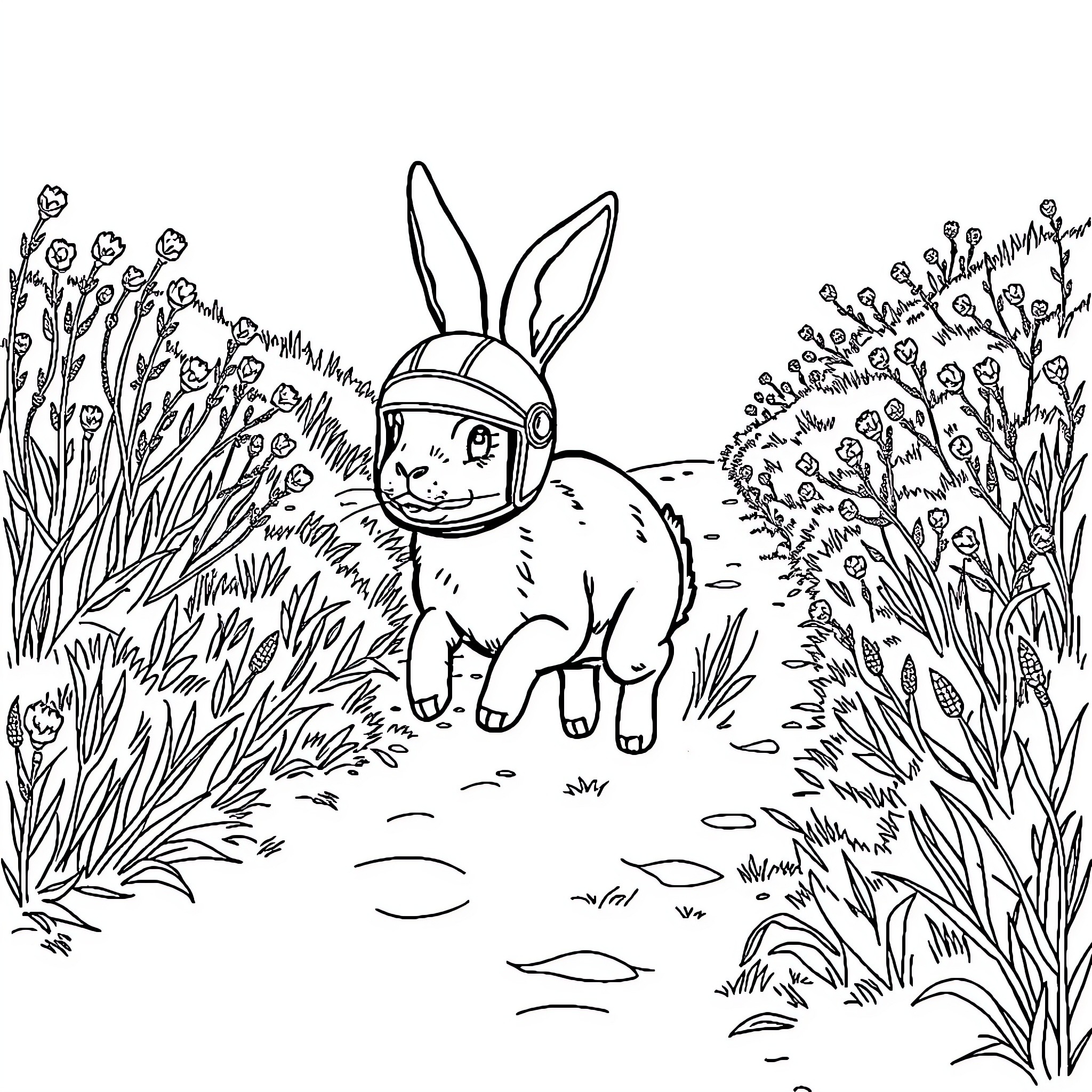 Rabbit wearing helmet exploring lush forest Coloring Page (free black-and-white line drawing printable PDF for all, from beginners to advanced learners, including children, teens, adults, and seniors)