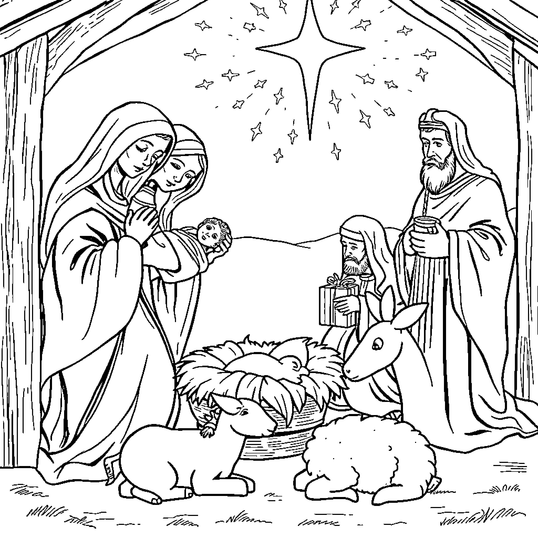 Nativity scene with holy family and wise men Coloring Page (free black-and-white line drawing printable PDF for all, from beginners to advanced learners, including children, teens, adults, and seniors)
