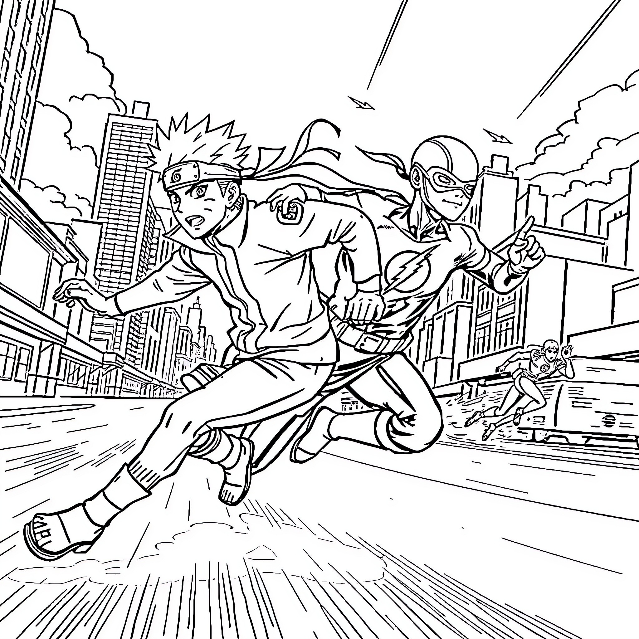 Naruto and friends in high-speed action adventure Coloring Page (free black-and-white line drawing printable PDF for all, from beginners to advanced learners, including children, teens, adults, and seniors)