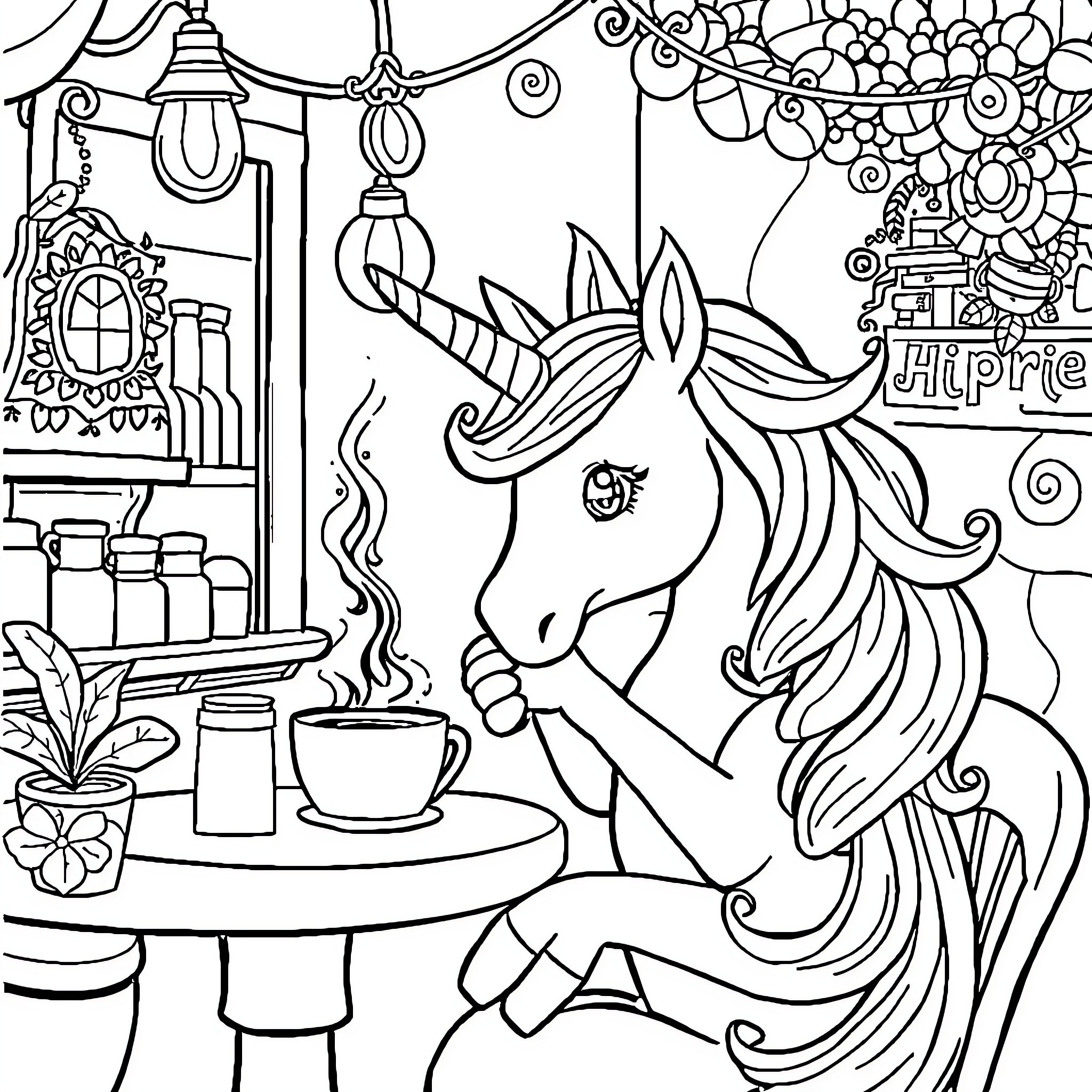 Unicorn Enjoying a Whimsical Tea Party Coloring Page (free black-and-white line drawing printable PDF for all, from beginners to advanced learners, including children, teens, adults, and seniors)