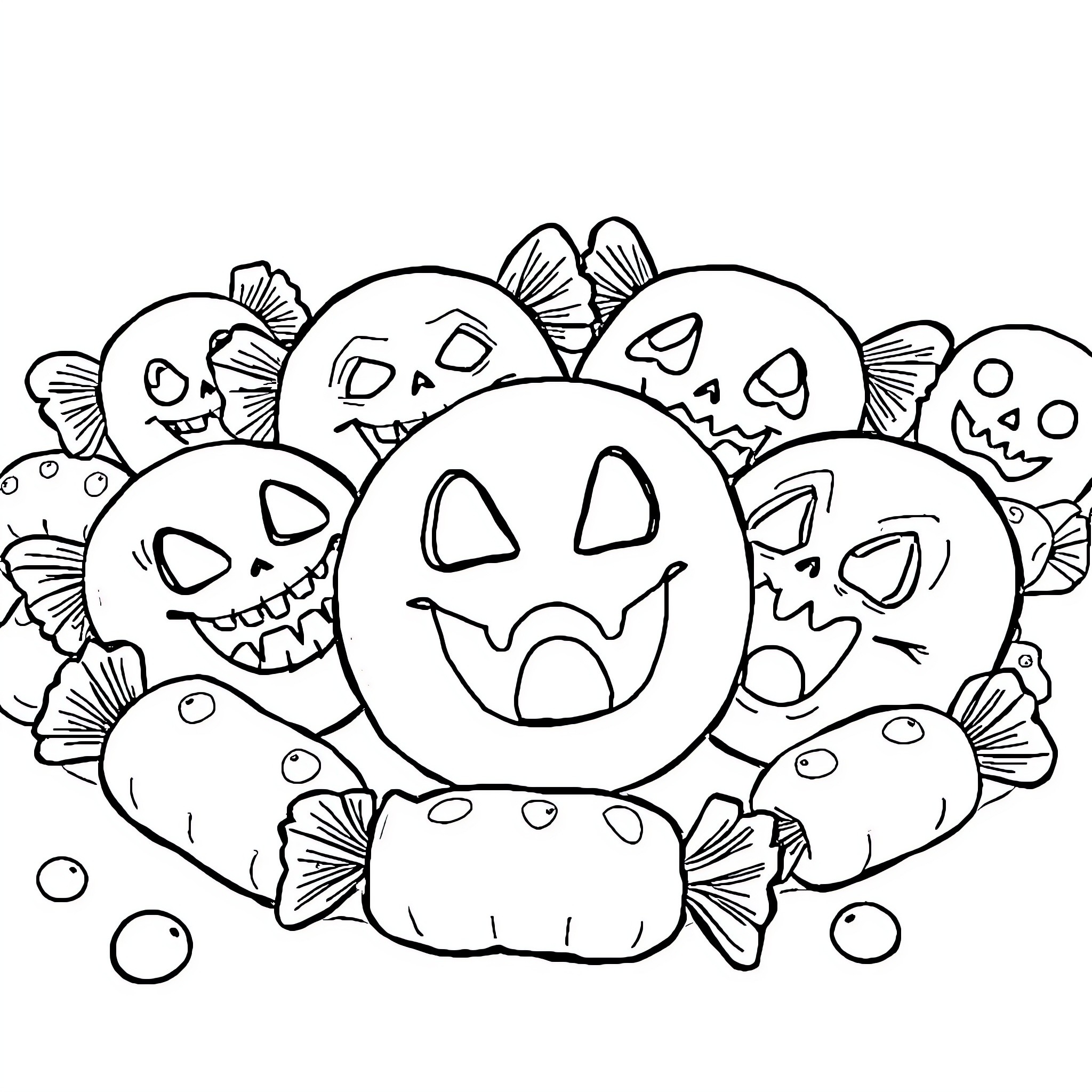 Candy Halloween Pumpkins and Spooky Creatures Coloring Page (free black-and-white line drawing printable PDF for all, from beginners to advanced learners, including children, teens, adults, and seniors)