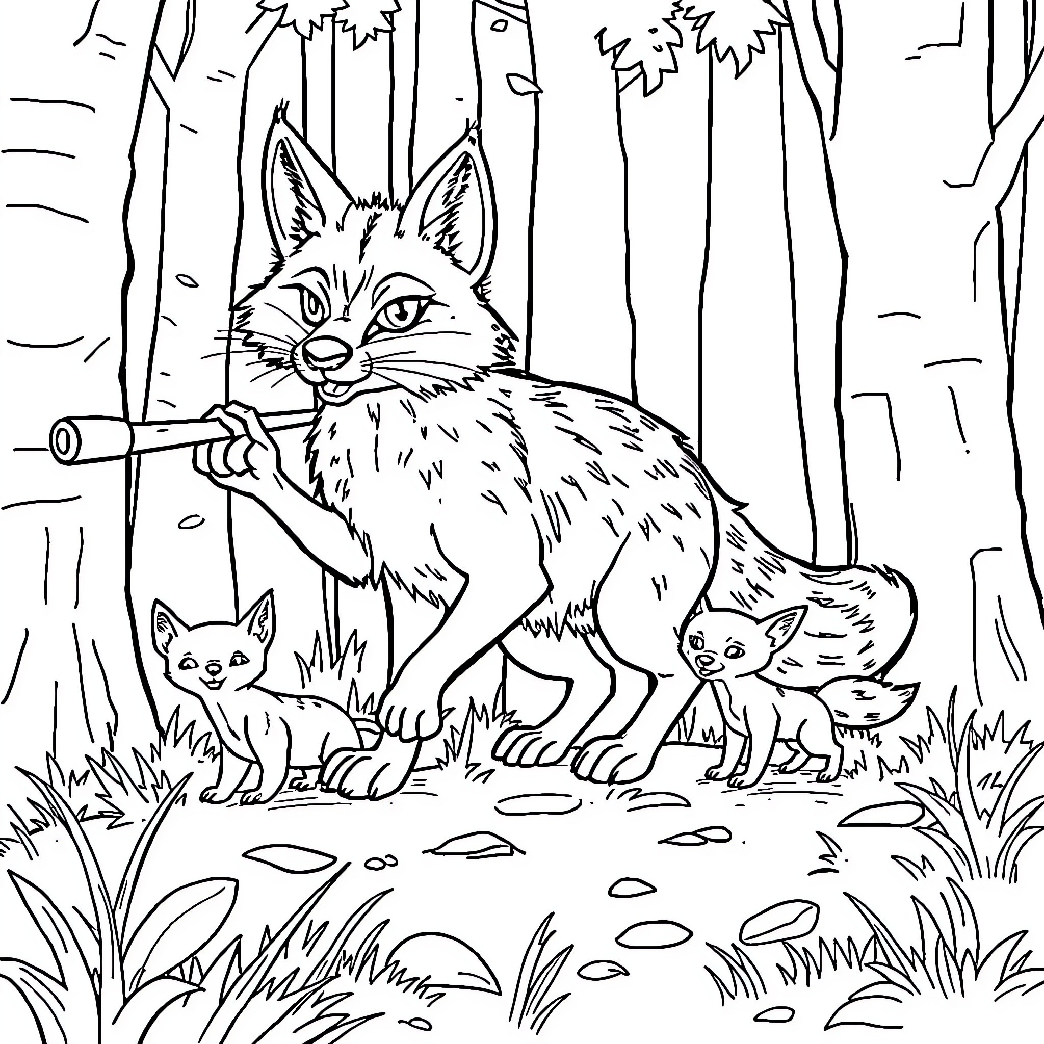 Fox Family in the Woodland Forest Coloring Page (free black-and-white line drawing printable PDF for all, from beginners to advanced learners, including children, teens, adults, and seniors)