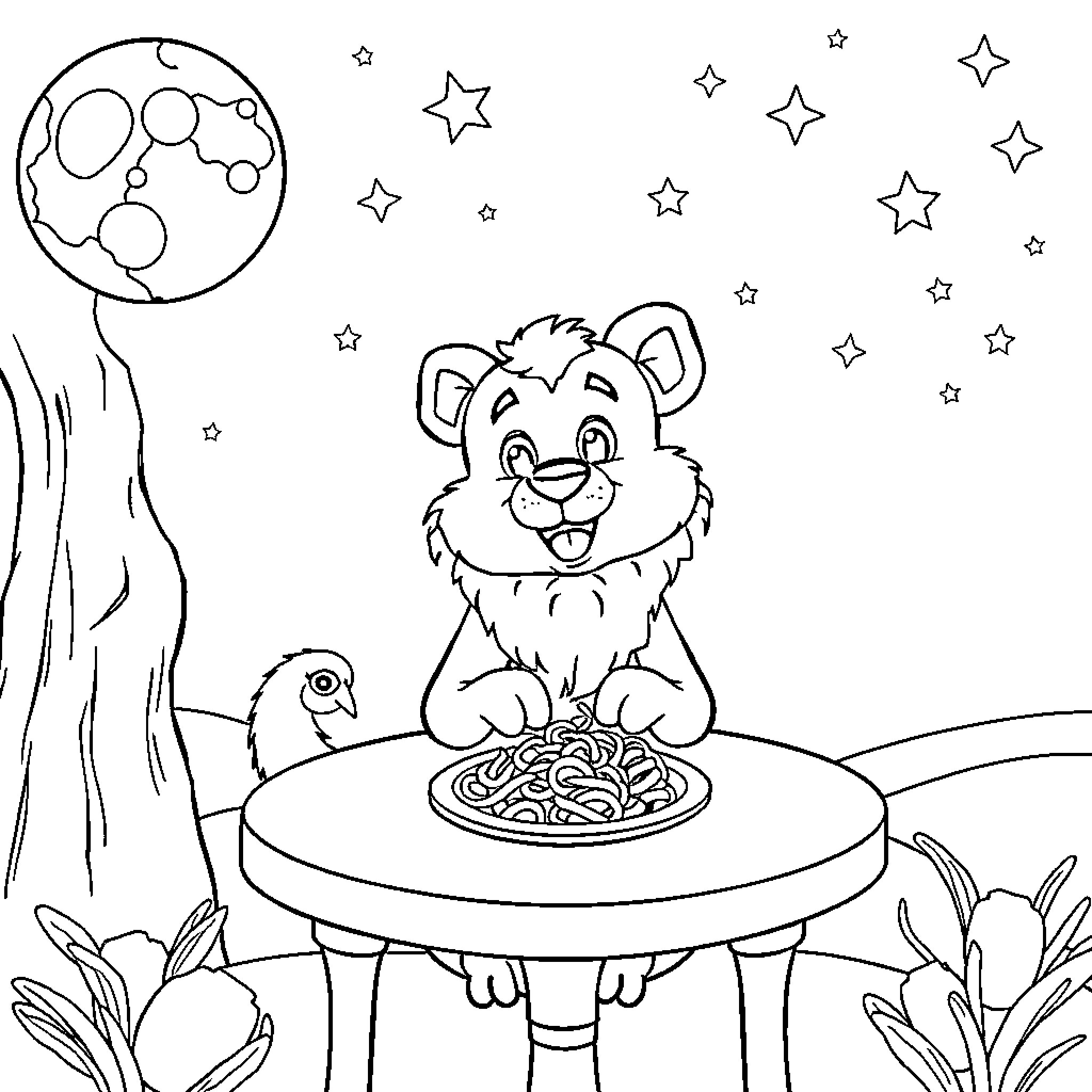 Rumi's Starry Night Spaghetti Dinner Coloring Page (free black-and-white line drawing printable PDF for all, from beginners to advanced learners, including children, teens, adults, and seniors)