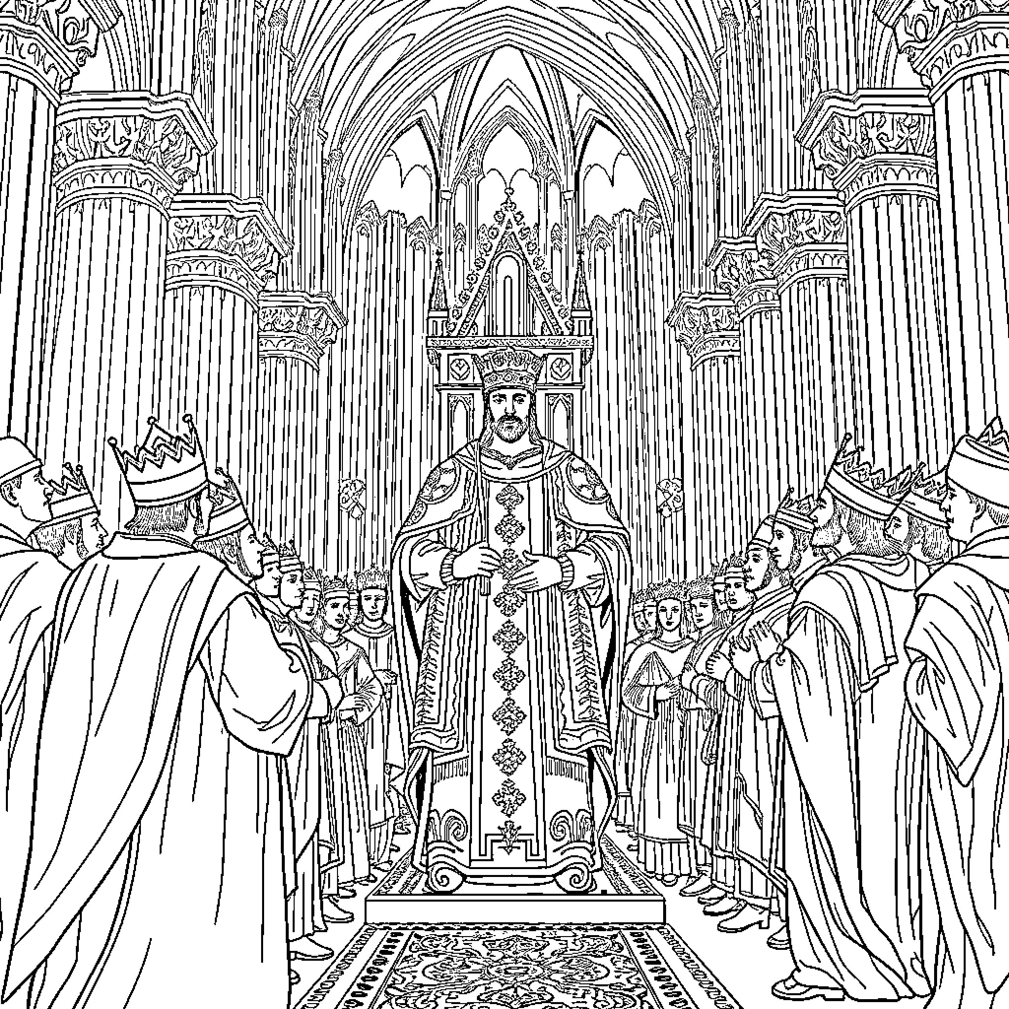 Charlemagne Crowned as Holy Roman Emperor in Lavish Coronation Ceremony Coloring Page (free black-and-white line drawing printable PDF for all, from beginners to advanced learners, including children, teens, adults, and seniors)