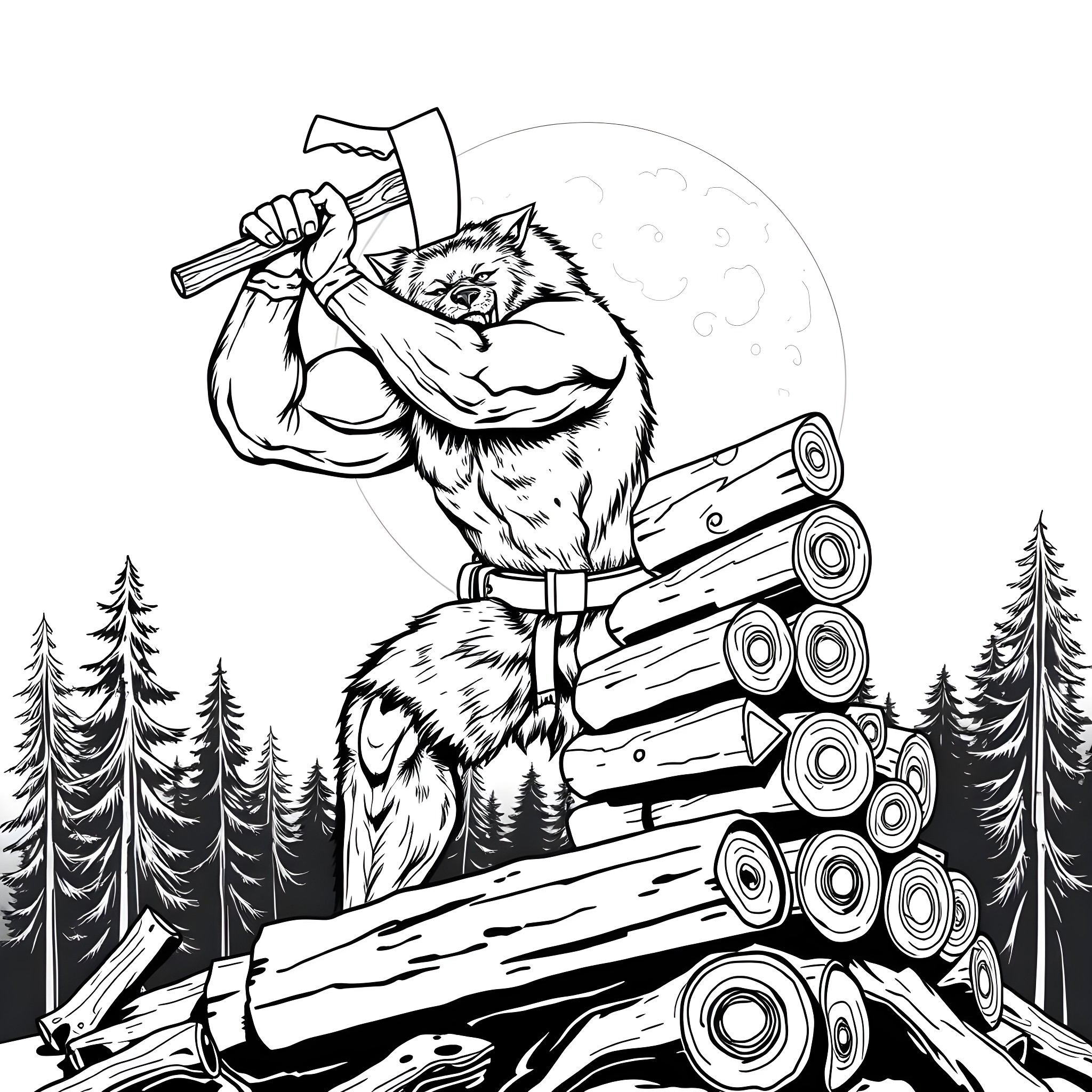 Werewolf Wielding a Mighty Axe in the Wilderness Coloring Page (free black-and-white line drawing printable PDF for all, from beginners to advanced learners, including children, teens, adults, and seniors)