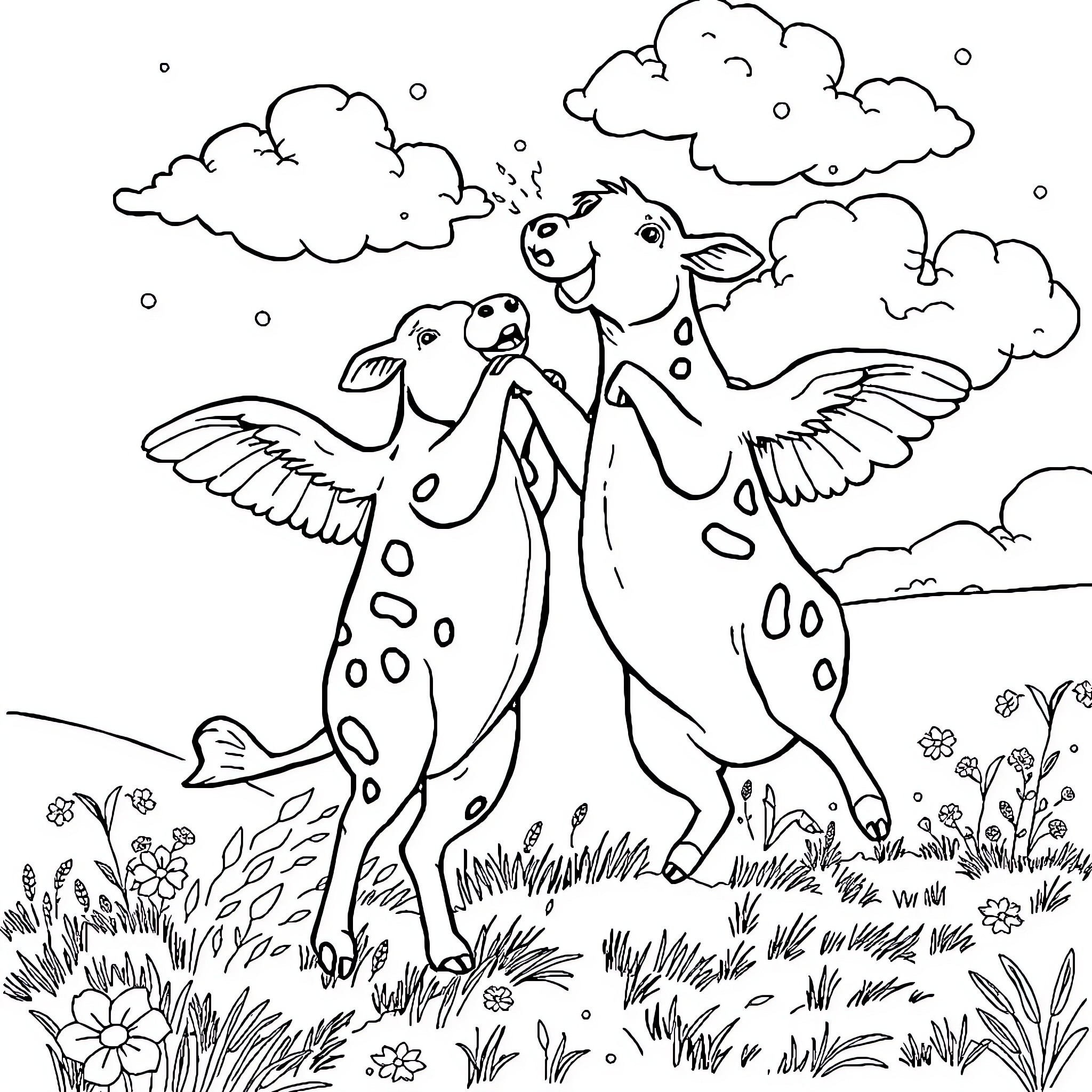 Kuh dancing joyfully in lush meadow Coloring Page (free black-and-white line drawing printable PDF for all, from beginners to advanced learners, including children, teens, adults, and seniors)