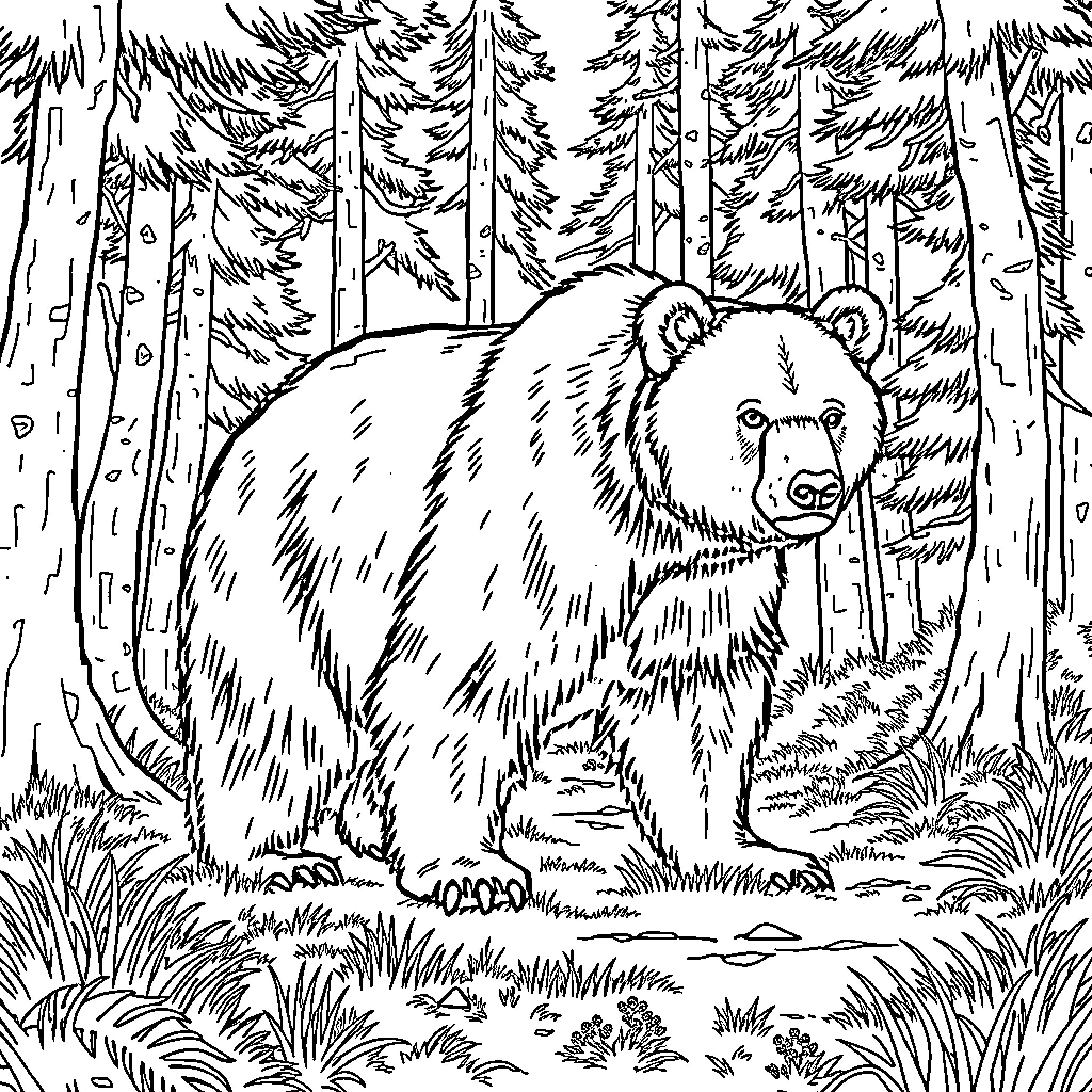 Bear amidst serene forest landscape Coloring Page (free black-and-white line drawing printable PDF for all, from beginners to advanced learners, including children, teens, adults, and seniors)