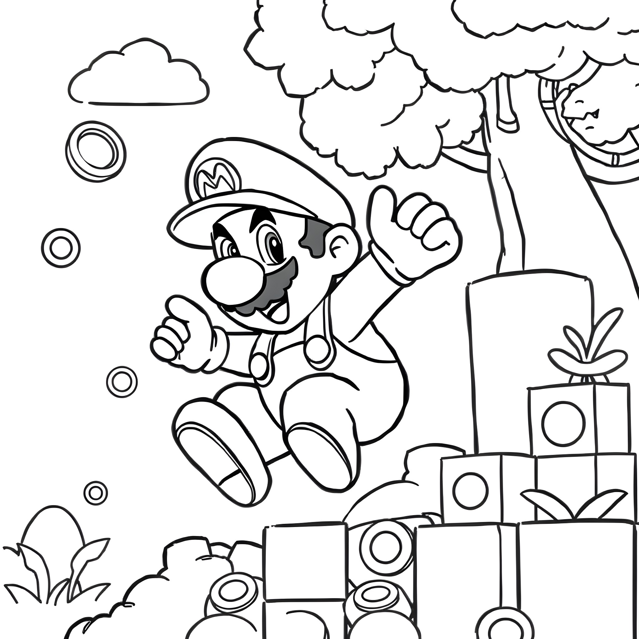 Mario Jumping Happily in the Mushroom Kingdom Coloring Page (free black-and-white line drawing printable PDF for all, from beginners to advanced learners, including children, teens, adults, and seniors)