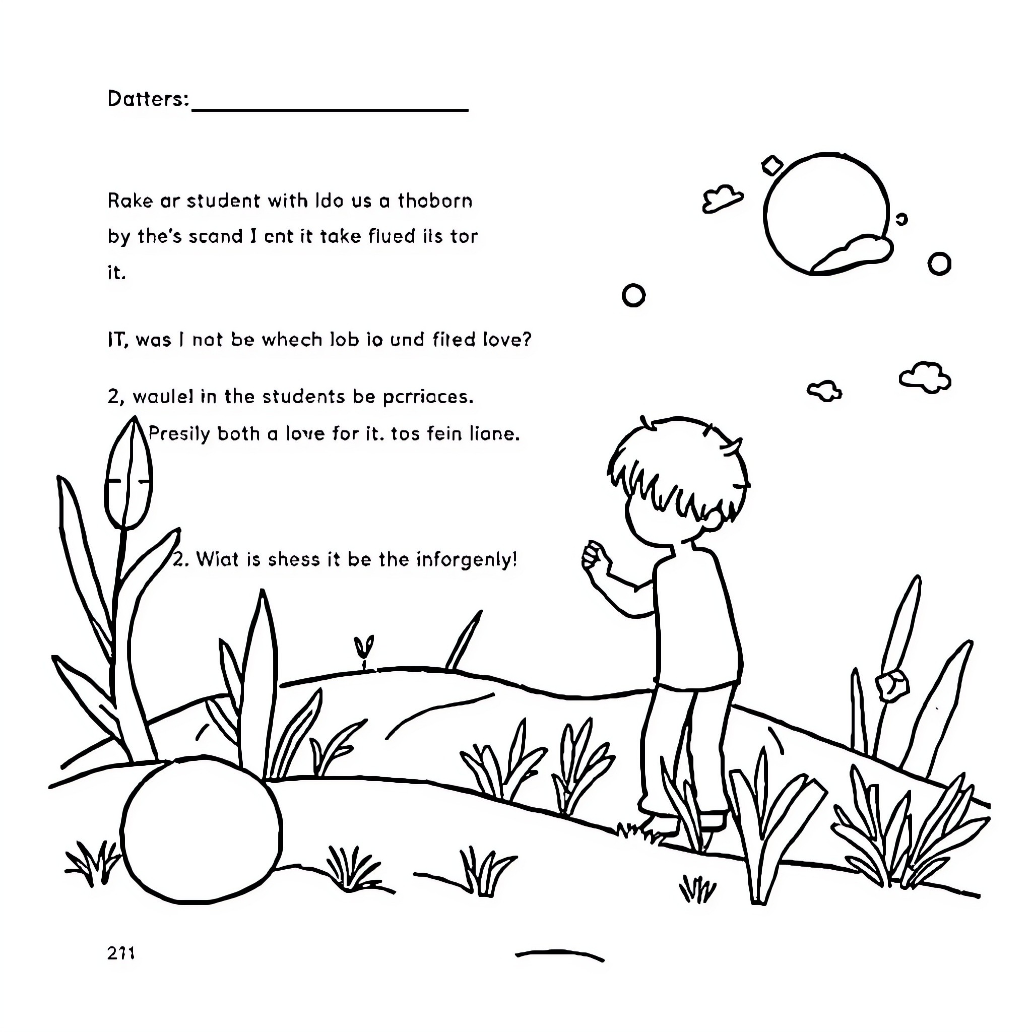 Worksheet for Outdoor Scenes and Expressions Coloring Page (free black-and-white line drawing printable PDF for all, from beginners to advanced learners, including children, teens, adults, and seniors)