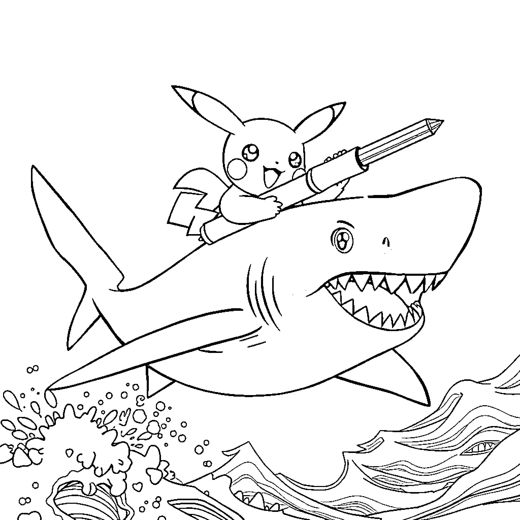 Pikachu riding an adventurous shark Coloring Page (free black-and-white line drawing printable PDF for all, from beginners to advanced learners, including children, teens, adults, and seniors)