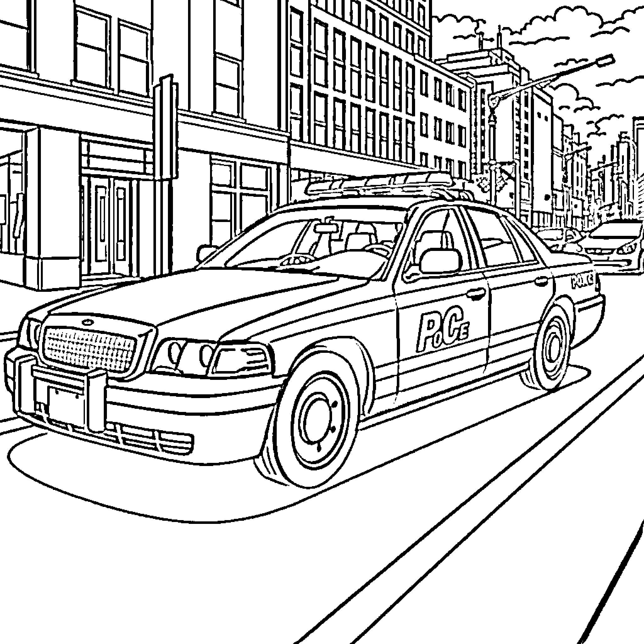 Paw Patrol Police Car on City Street Coloring Page (free black-and-white line drawing printable PDF for all, from beginners to advanced learners, including children, teens, adults, and seniors)
