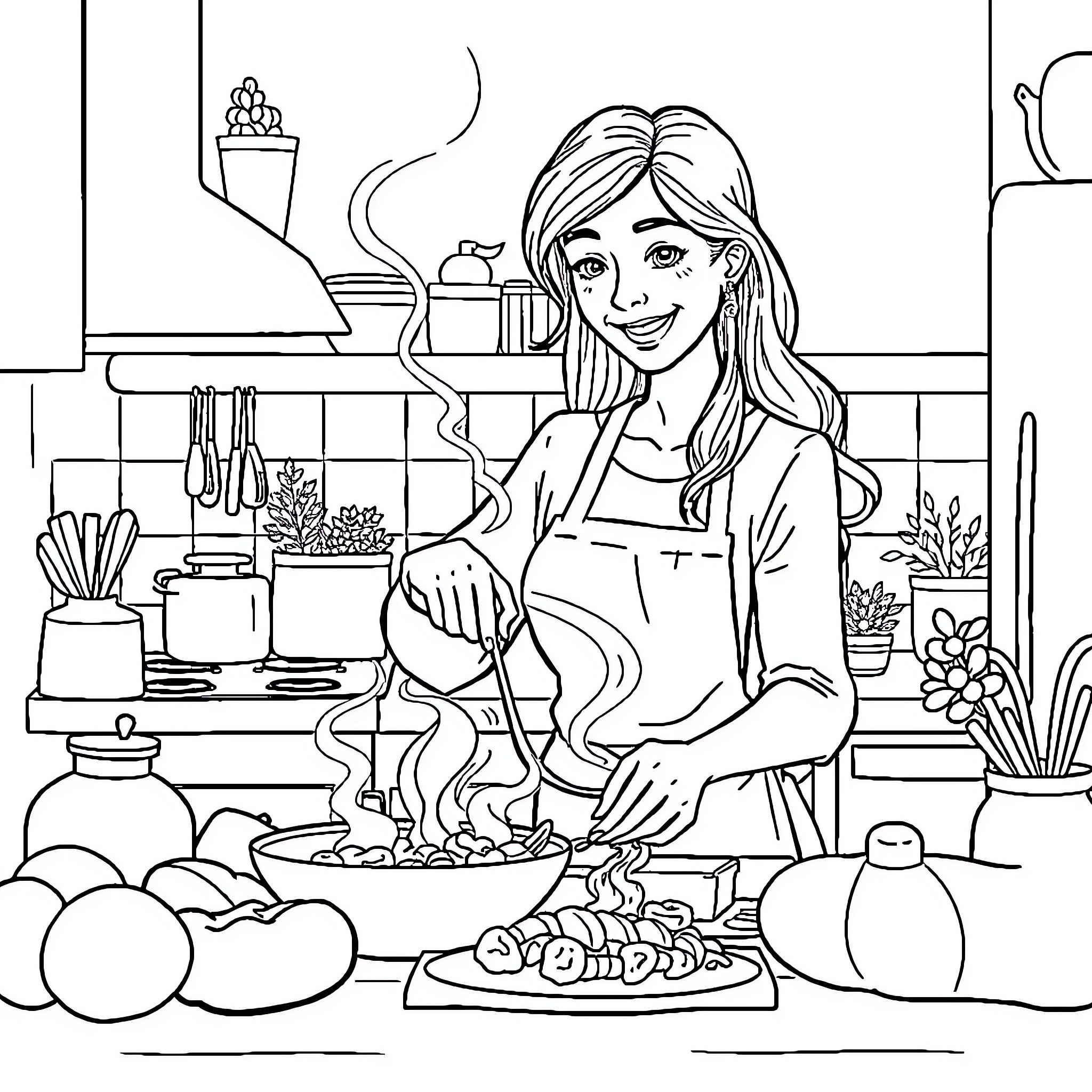 Mom cooking delicious meals in the kitchen Coloring Page (free black-and-white line drawing printable PDF for all, from beginners to advanced learners, including children, teens, adults, and seniors)
