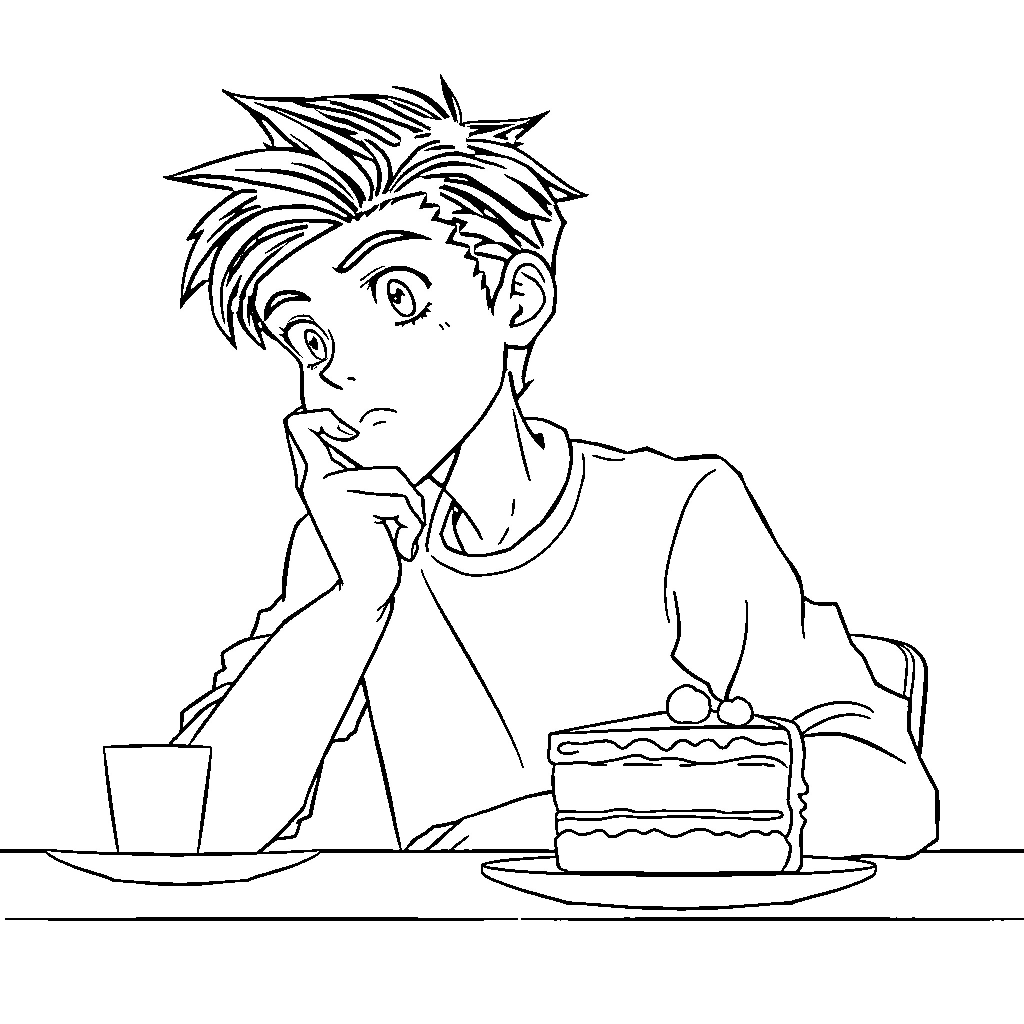 Lad enjoys cake and coffee Coloring Page (free black-and-white line drawing printable PDF for all, from beginners to advanced learners, including children, teens, adults, and seniors)