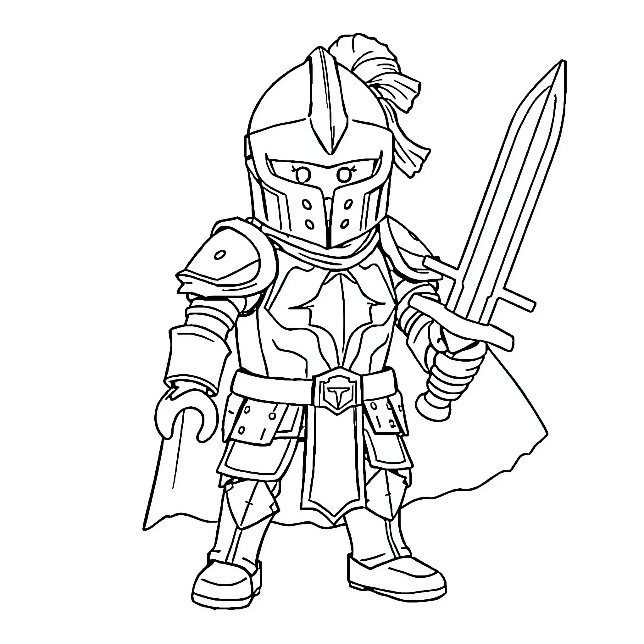 Knight in Heroic Pose with Sword and Shield Coloring Page (free black-and-white line drawing printable PDF for all, from beginners to advanced learners, including children, teens, adults, and seniors)