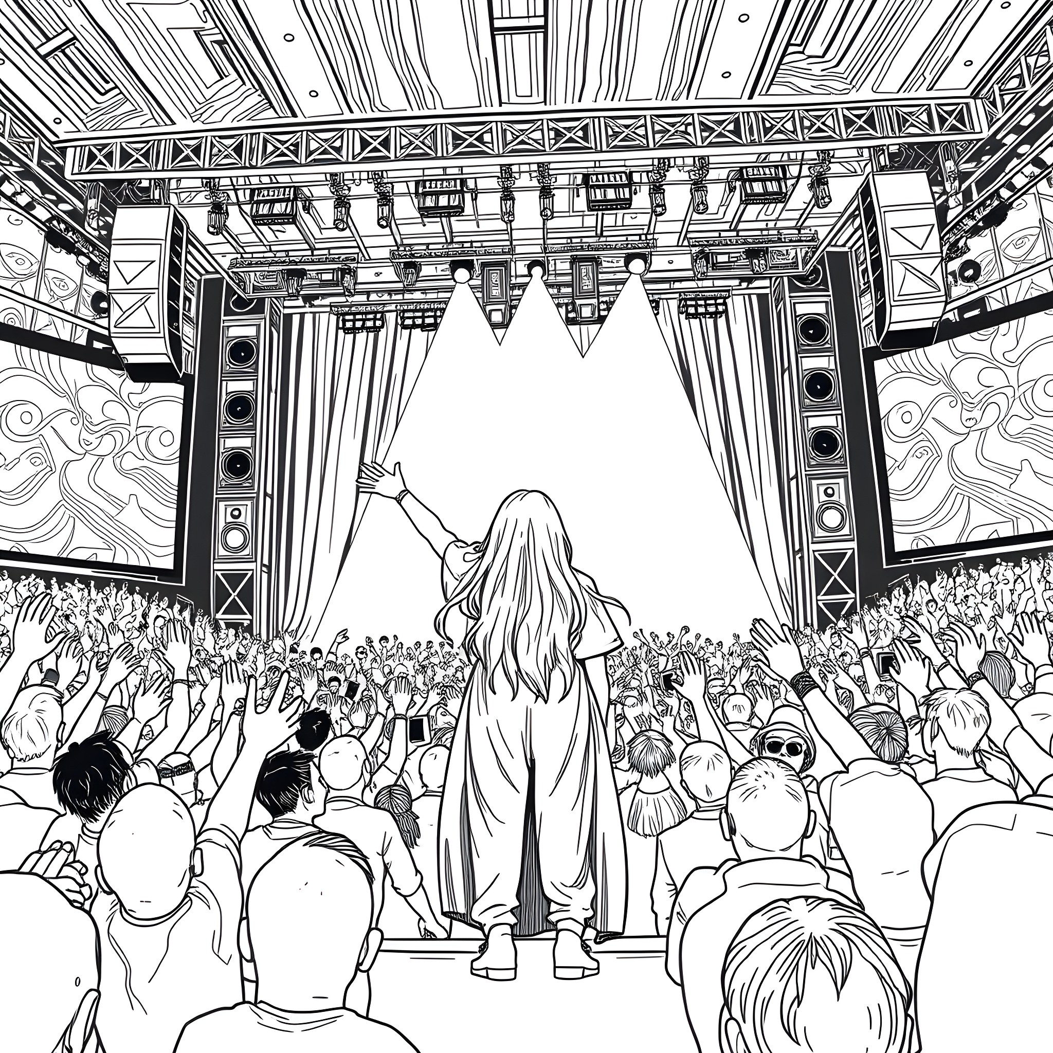 Billie Eilish performing on a grand stage Coloring Page (free black-and-white line drawing printable PDF for all, from beginners to advanced learners, including children, teens, adults, and seniors)