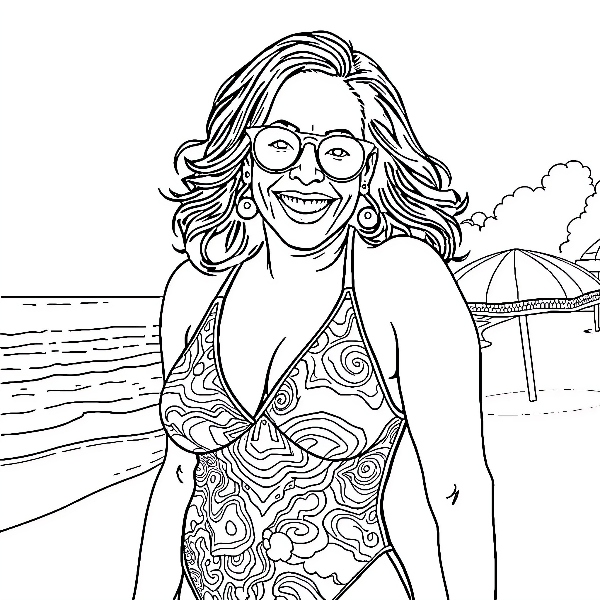 Kamala Harris enjoys a day at the beach Coloring Page (free black-and-white line drawing printable PDF for all, from beginners to advanced learners, including children, teens, adults, and seniors)