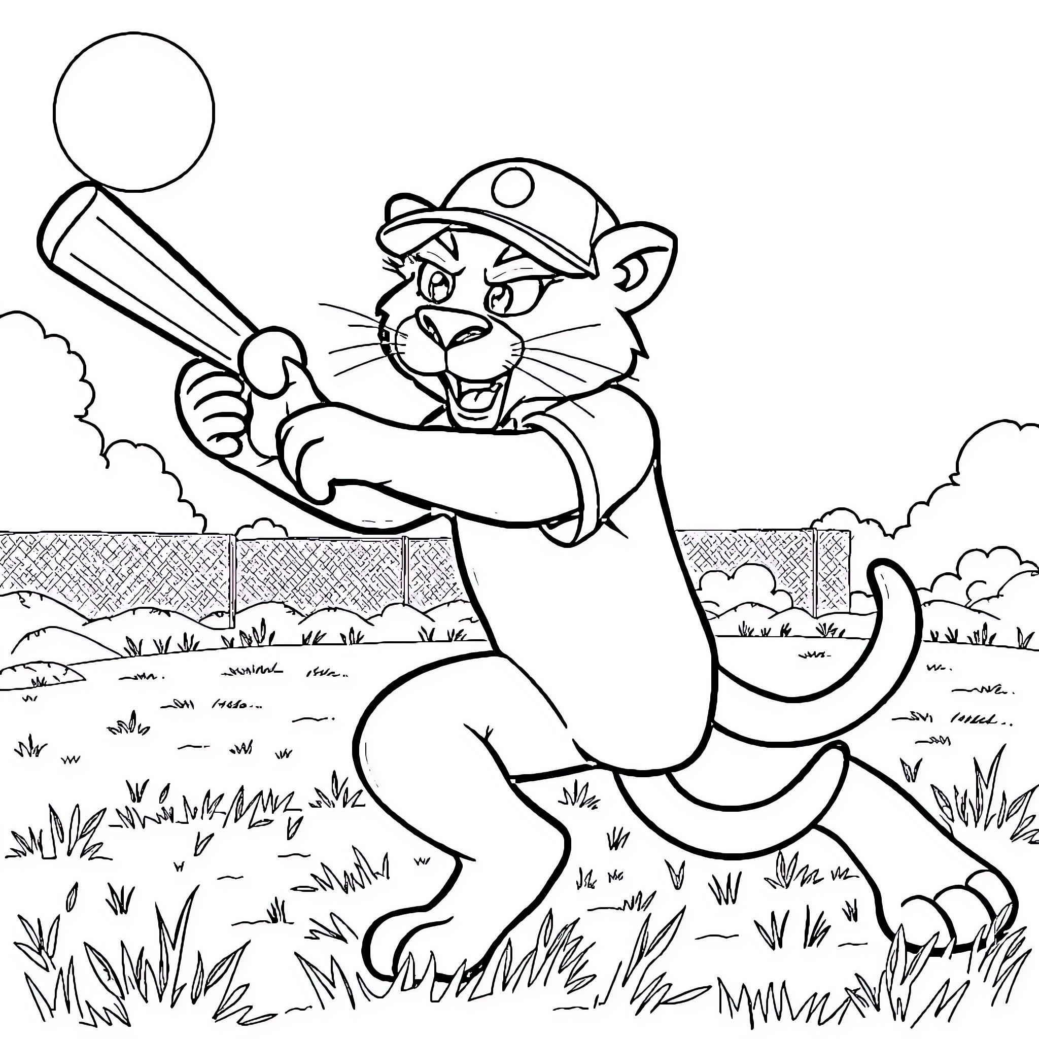 Panther playing baseball in the park Coloring Page (free black-and-white line drawing printable PDF for all, from beginners to advanced learners, including children, teens, adults, and seniors)