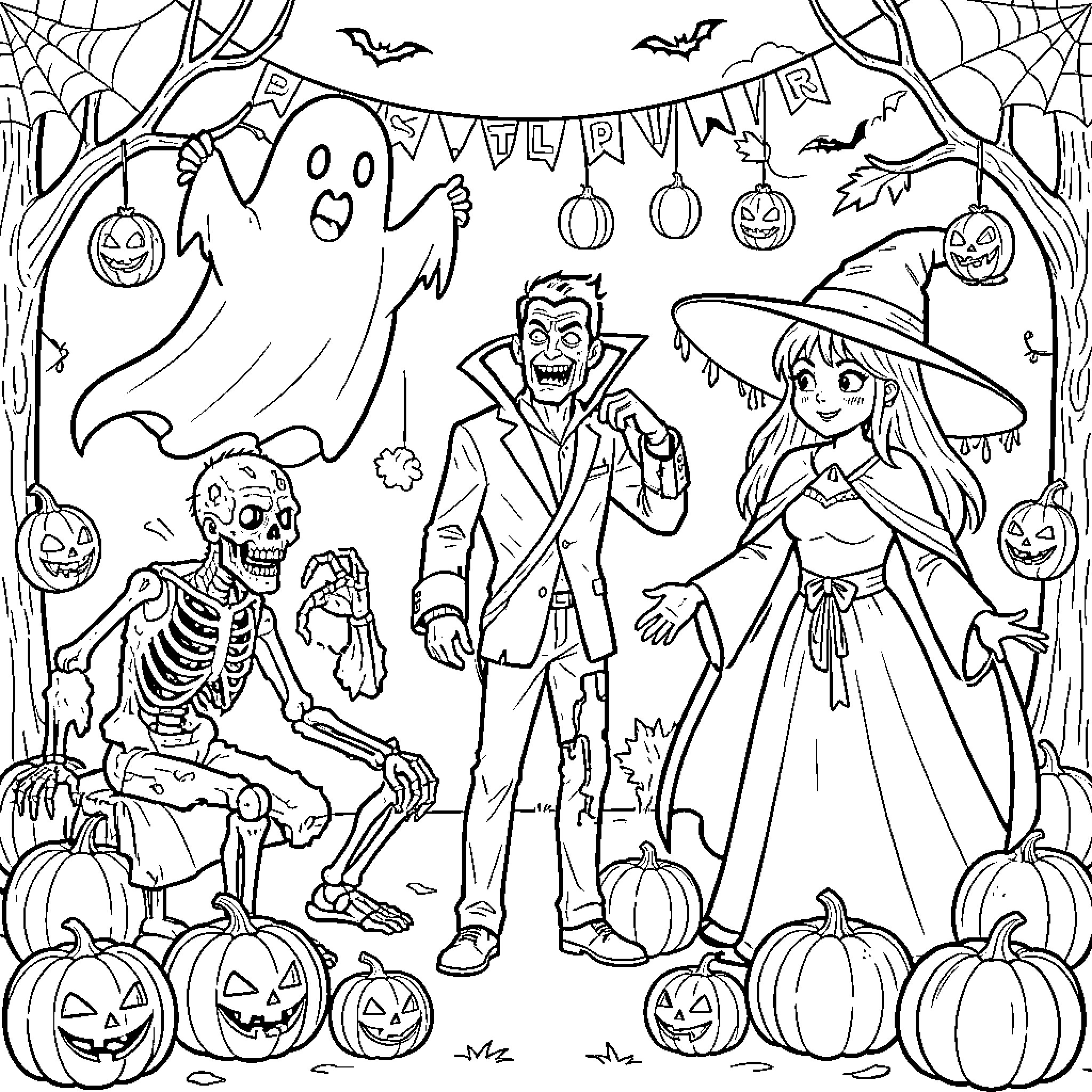 Halloween characters celebrating together in a spooky scene Coloring Page (free black-and-white line drawing printable PDF for all, from beginners to advanced learners, including children, teens, adults, and seniors)