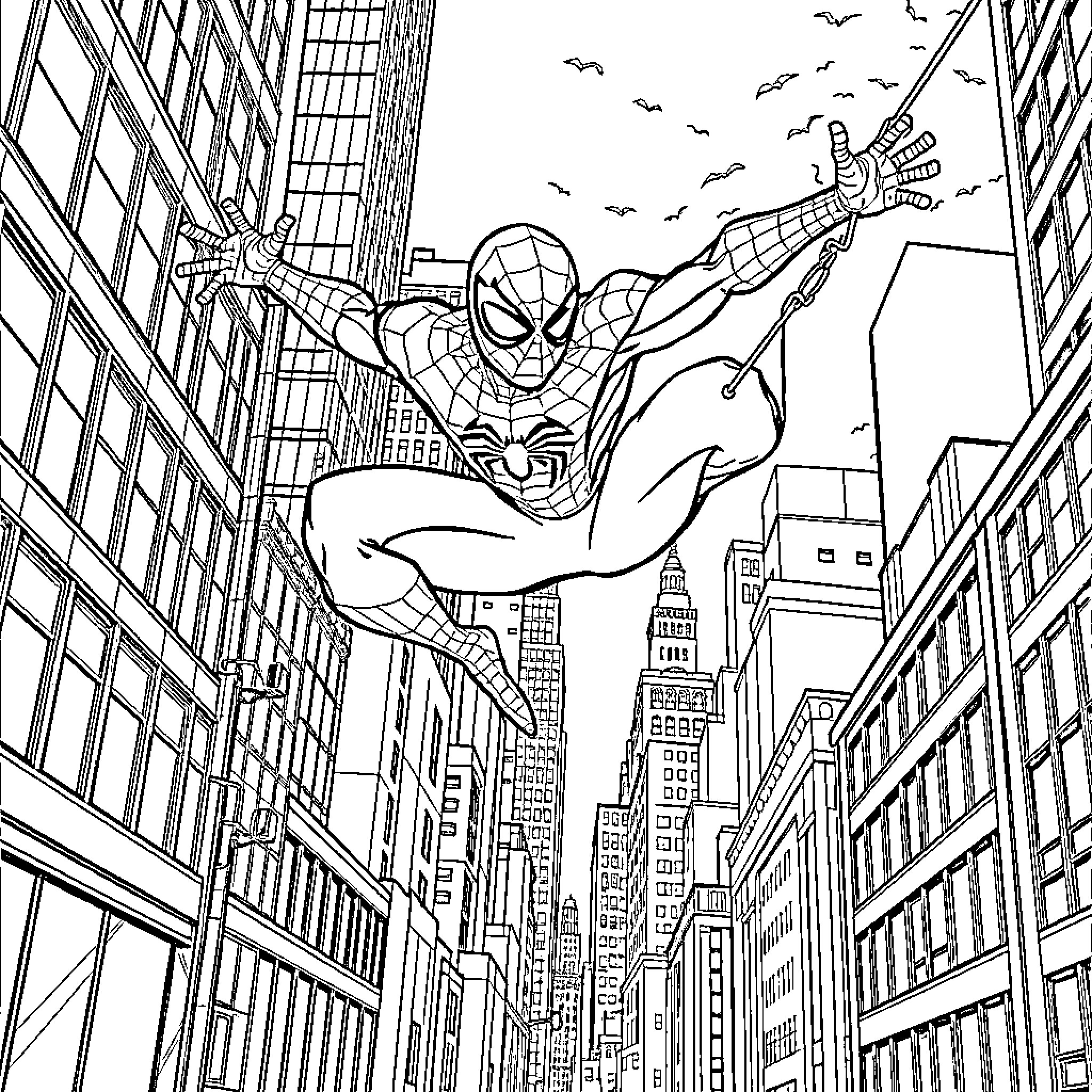Spidey swinging through the city skyline Coloring Page (free black-and-white line drawing printable PDF for all, from beginners to advanced learners, including children, teens, adults, and seniors)