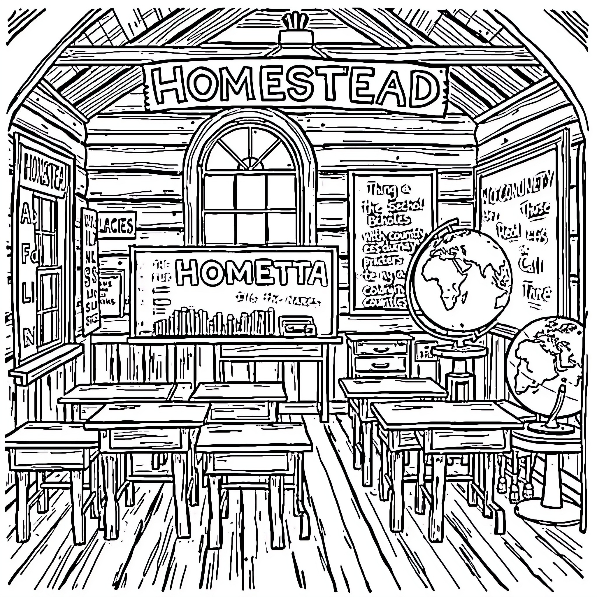 Schoolhouse with Homestead signage and global classroom items Coloring Page (free black-and-white line drawing printable PDF for all, from beginners to advanced learners, including children, teens, adults, and seniors)