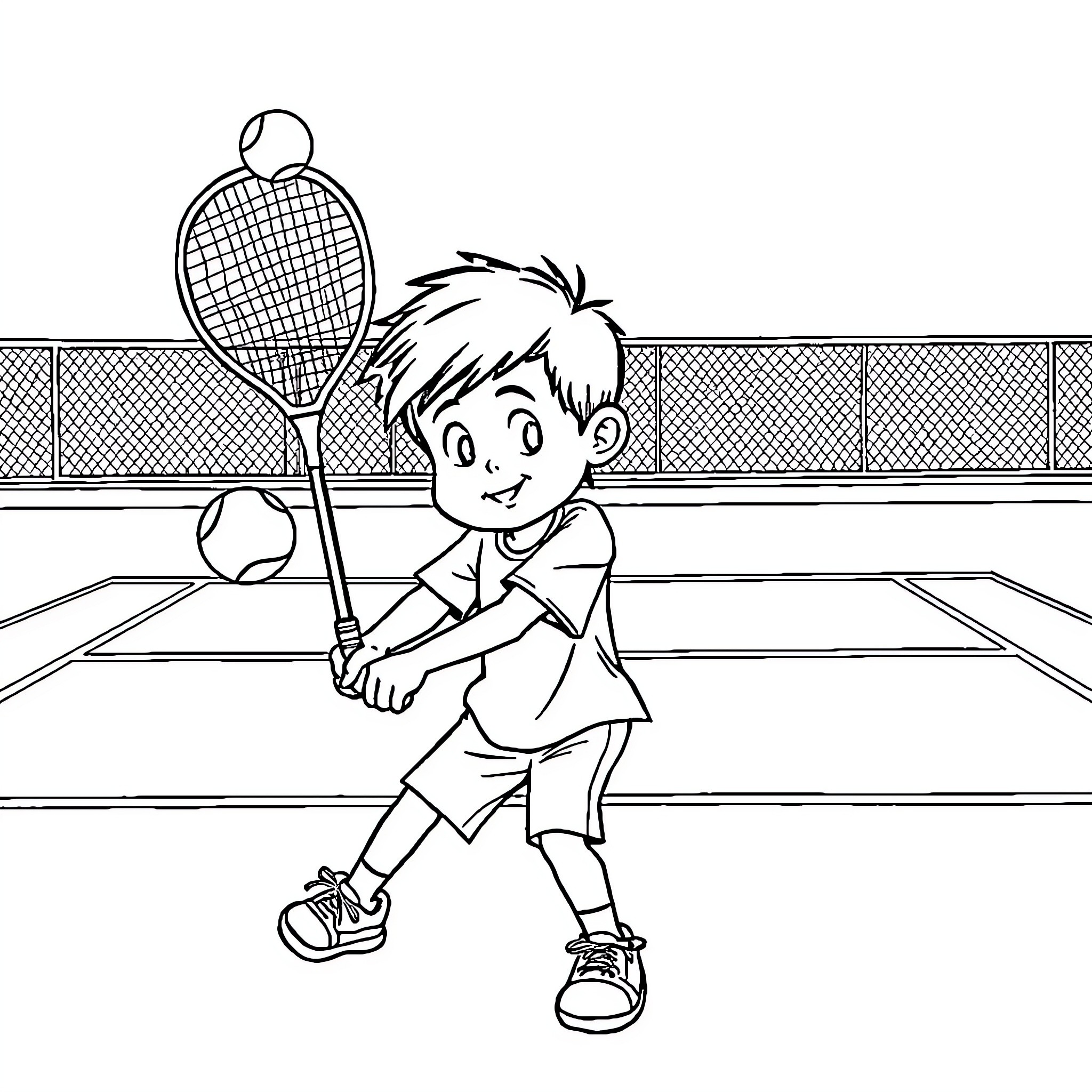 Child playing tennis on the court Coloring Page (free black-and-white line drawing printable PDF for all, from beginners to advanced learners, including children, teens, adults, and seniors)