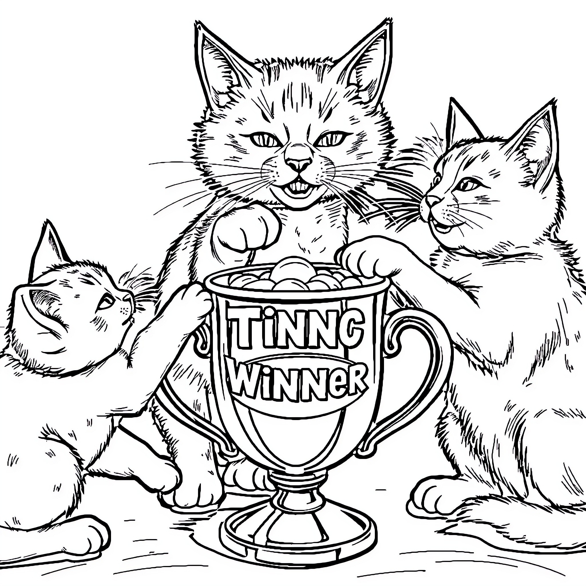 Cats competing for the winning trophy Coloring Page (free black-and-white line drawing printable PDF for all, from beginners to advanced learners, including children, teens, adults, and seniors)