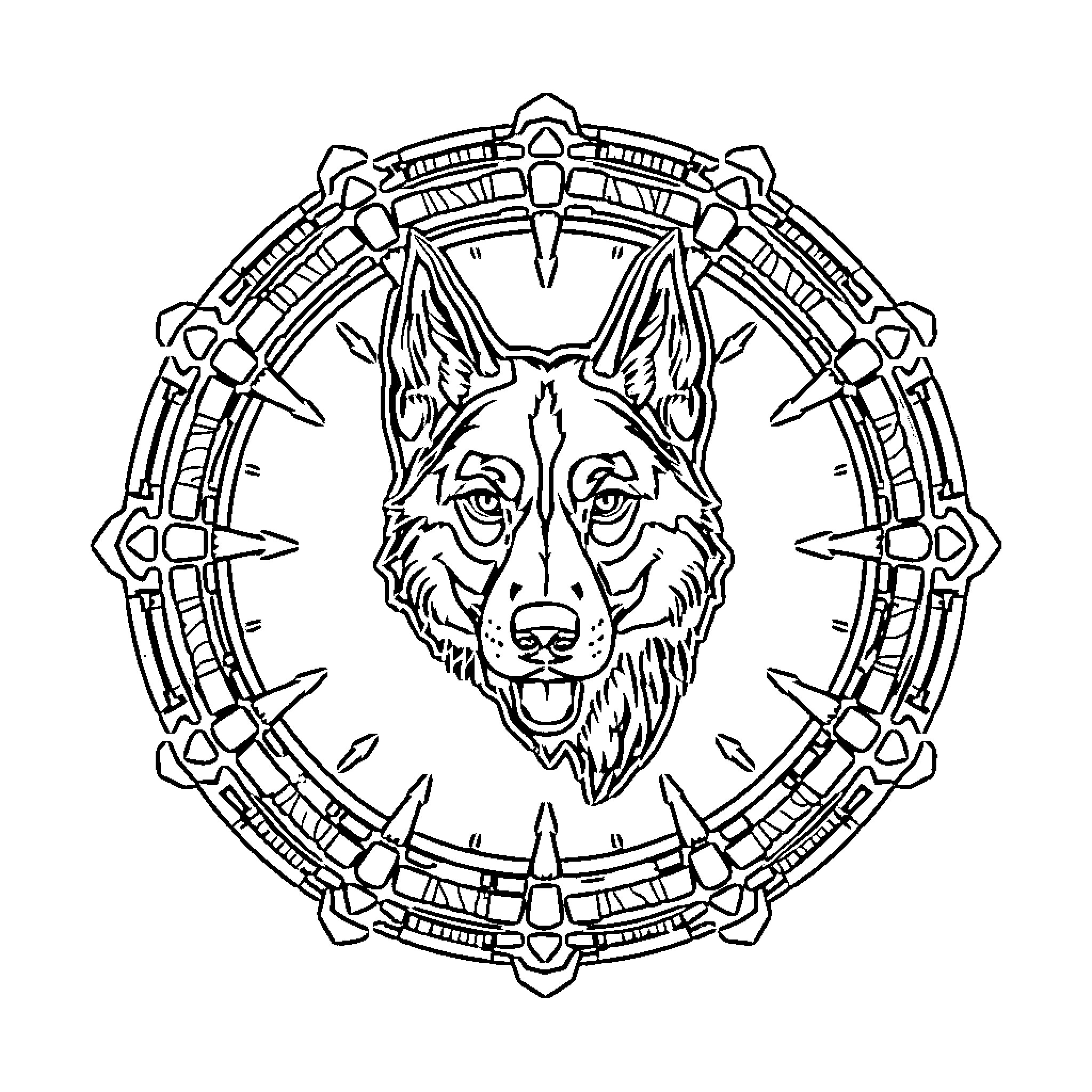 Wolf howling within ornate circle Coloring Page (free black-and-white line drawing printable PDF for all, from beginners to advanced learners, including children, teens, adults, and seniors)