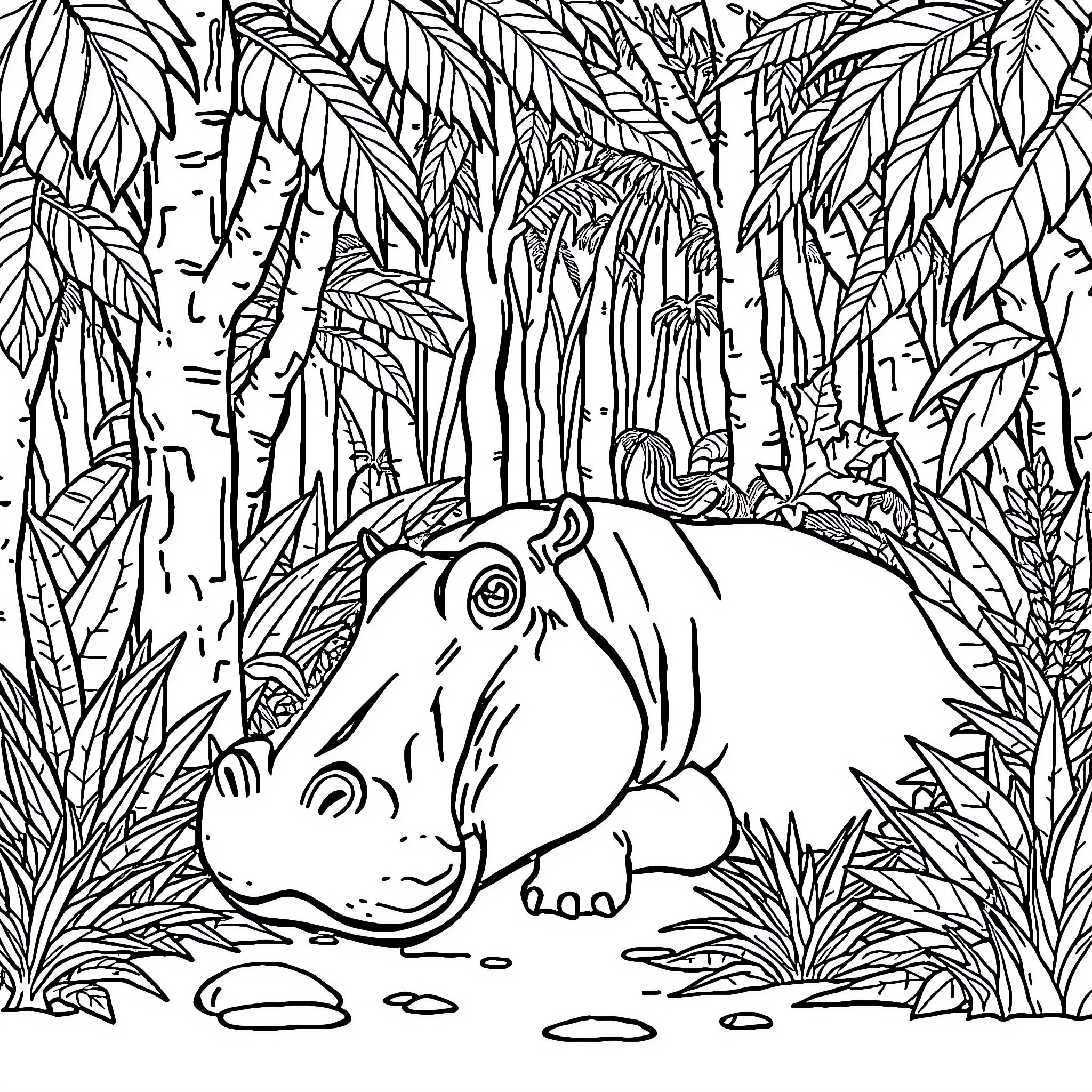 Hippopotamus resting peacefully in the lush jungle Coloring Page (free black-and-white line drawing printable PDF for all, from beginners to advanced learners, including children, teens, adults, and seniors)