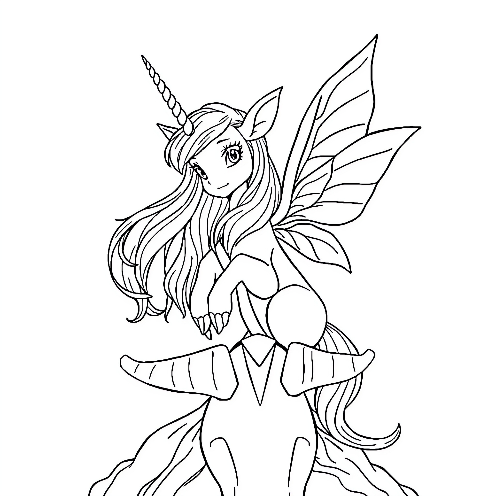 Elf fairy with long hair and wings Coloring Page (free black-and-white line drawing printable PDF for all, from beginners to advanced learners, including children, teens, adults, and seniors)