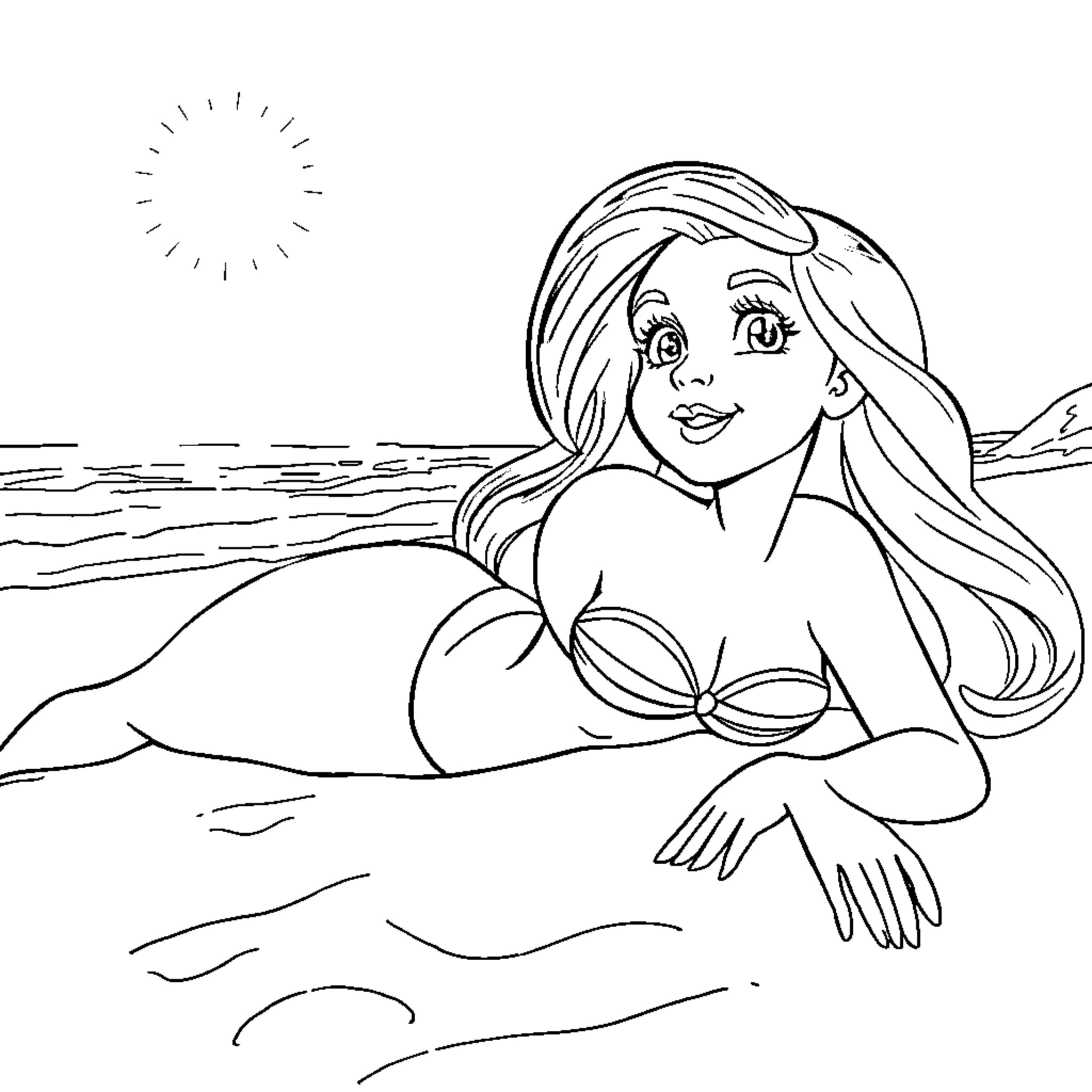 Ariel enjoying a sunny day at the beach Coloring Page (free black-and-white line drawing printable PDF for all, from beginners to advanced learners, including children, teens, adults, and seniors)