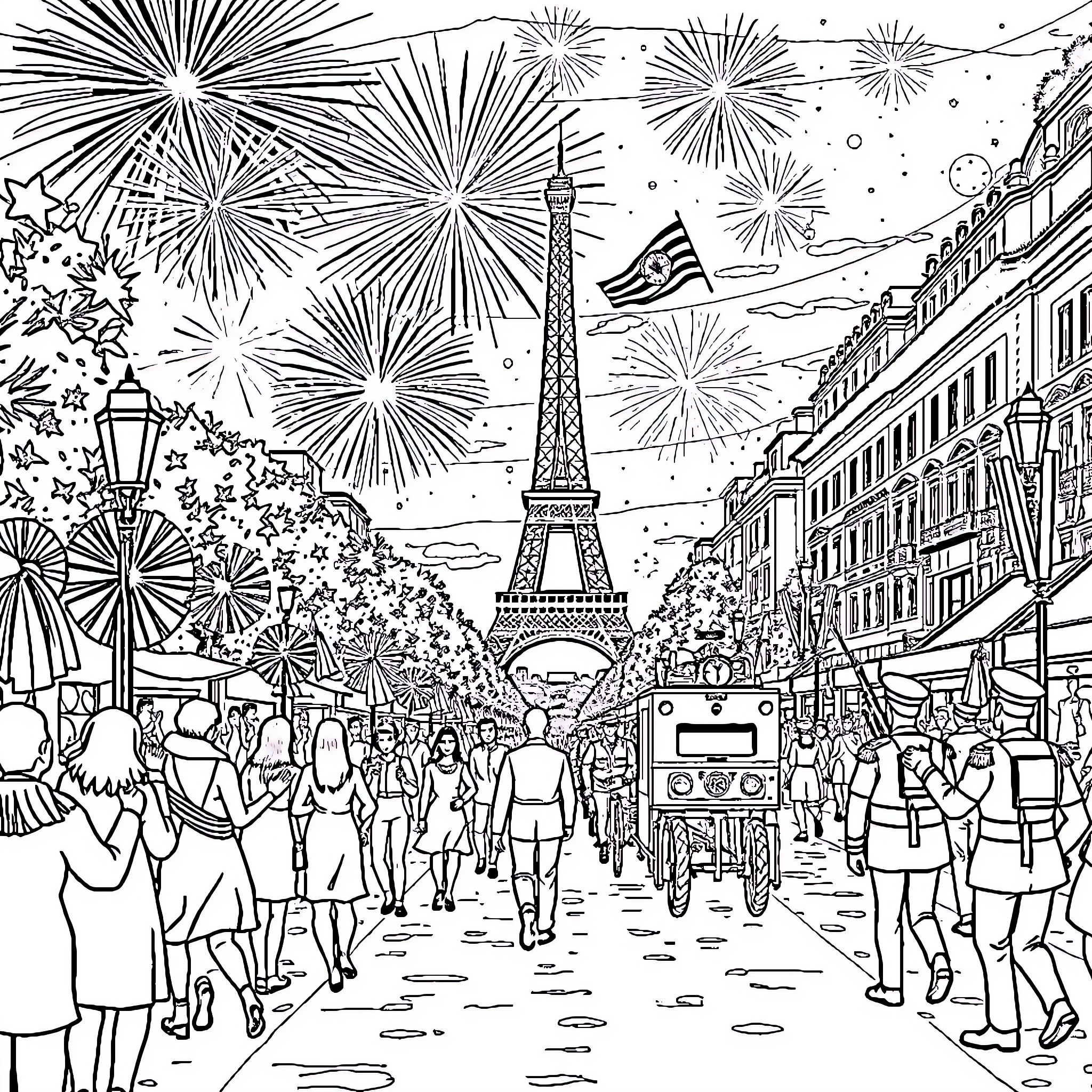 Bastille Day celebrations in Paris with fireworks and crowds Coloring Page (free black-and-white line drawing printable PDF for all, from beginners to advanced learners, including children, teens, adults, and seniors)