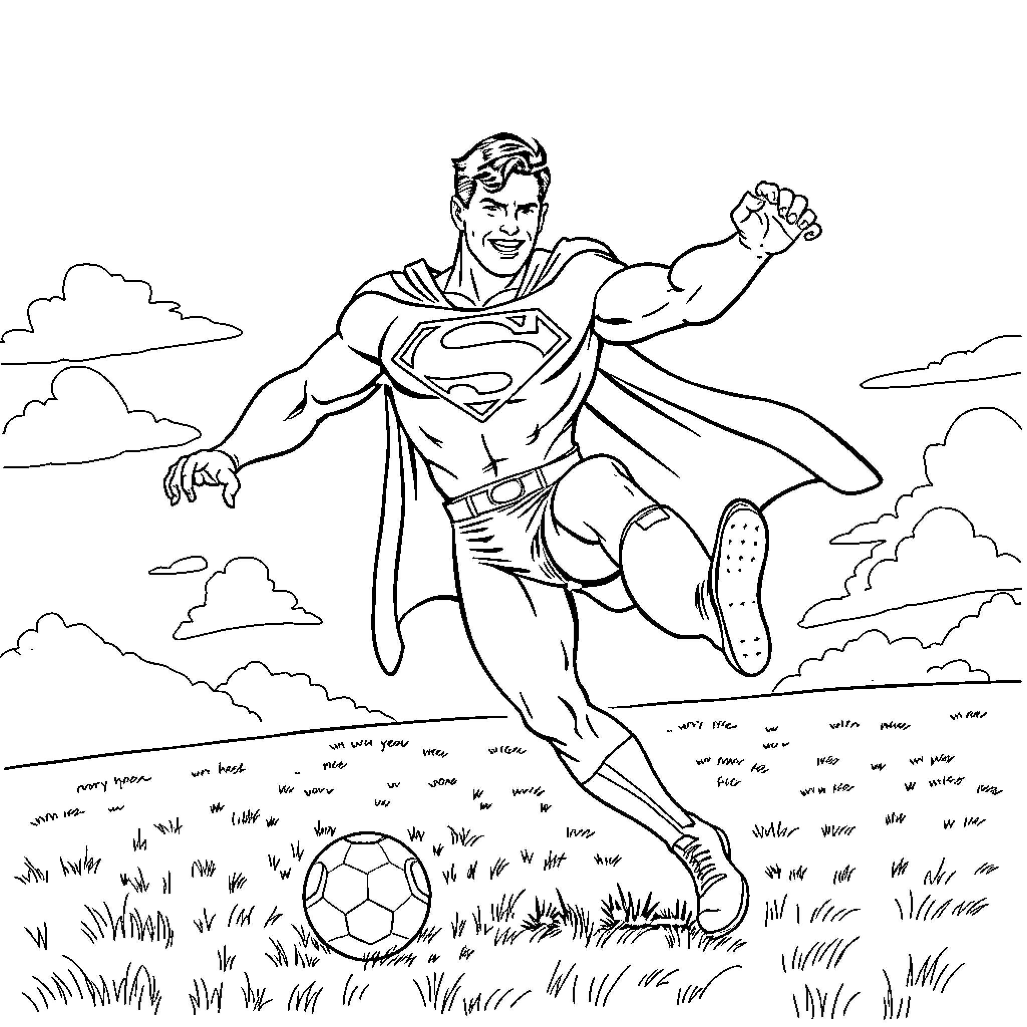 Superman playing soccer in the sky Coloring Page (free black-and-white line drawing printable PDF for all, from beginners to advanced learners, including children, teens, adults, and seniors)