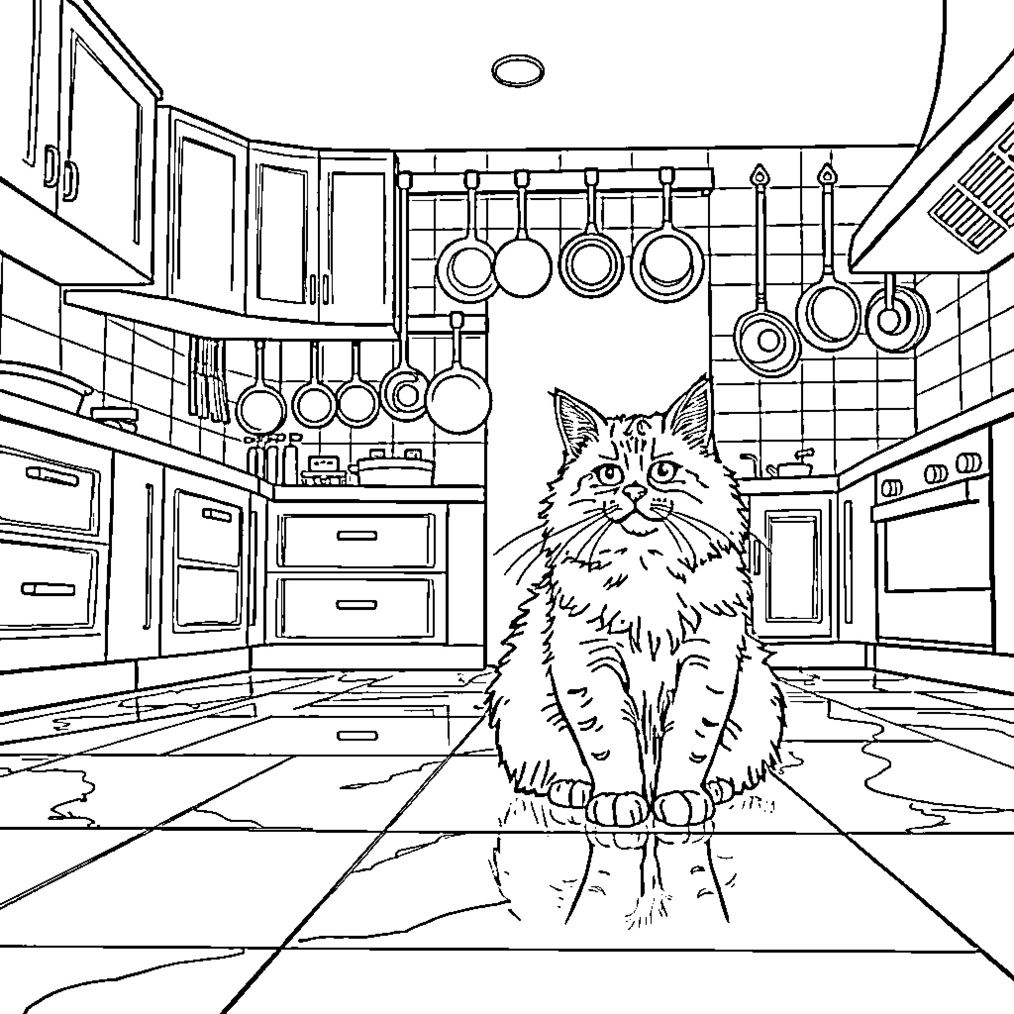Cat sitting in a cluttered kitchen Coloring Page (free black-and-white line drawing printable PDF for all, from beginners to advanced learners, including children, teens, adults, and seniors)
