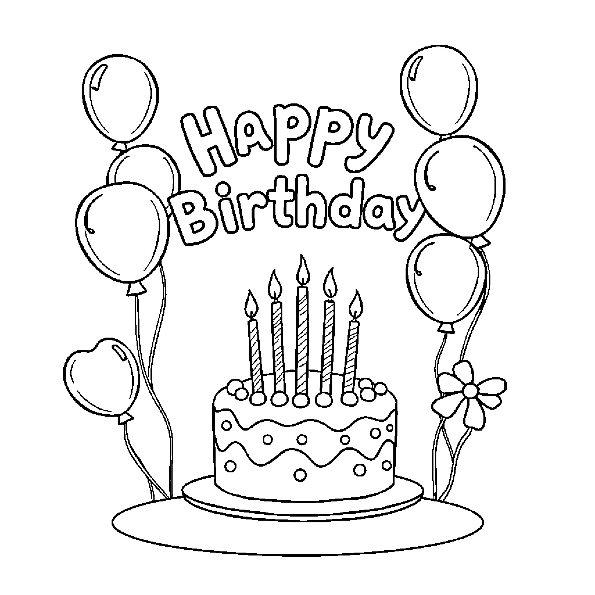 Birthday celebration with cake and balloons Coloring Page (free black-and-white line drawing printable PDF for all, from beginners to advanced learners, including children, teens, adults, and seniors)