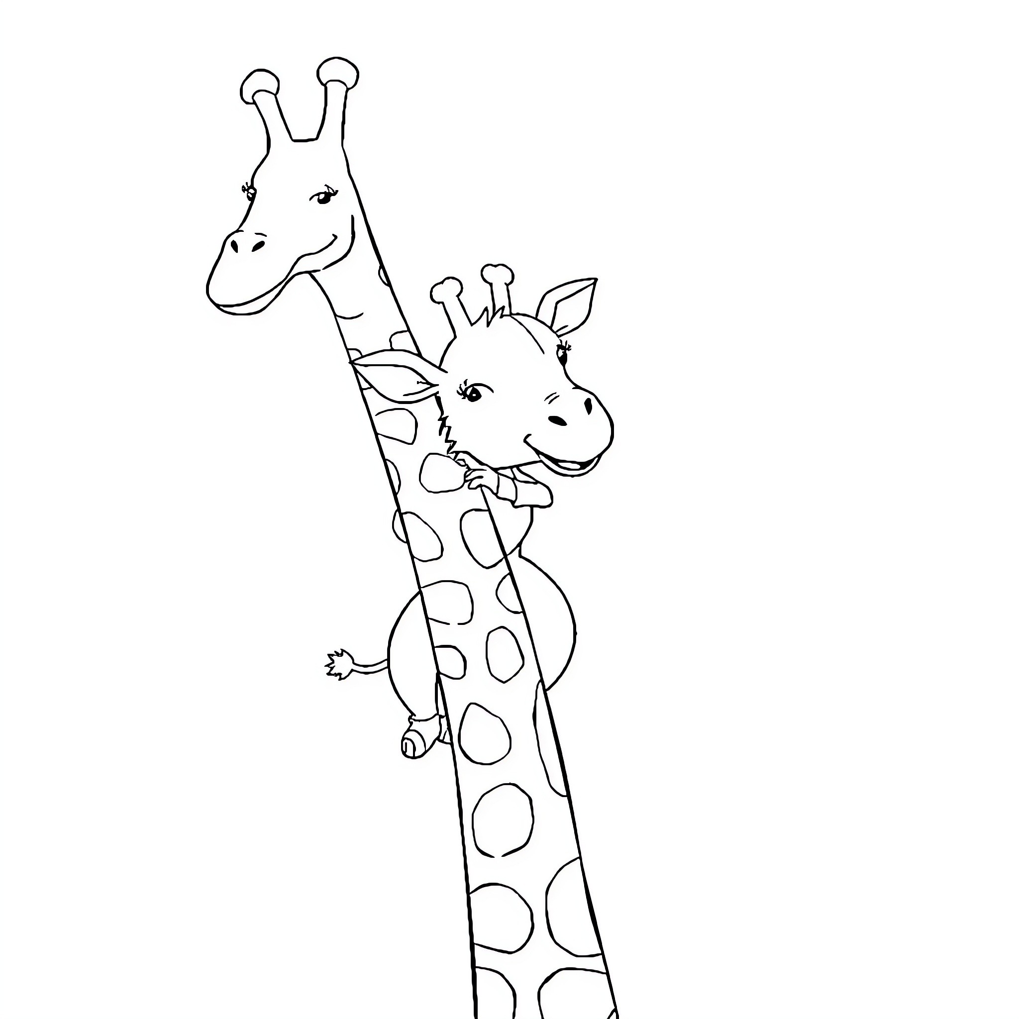 Giraffe mother and baby looking at each other Coloring Page (free black-and-white line drawing printable PDF for all, from beginners to advanced learners, including children, teens, adults, and seniors)