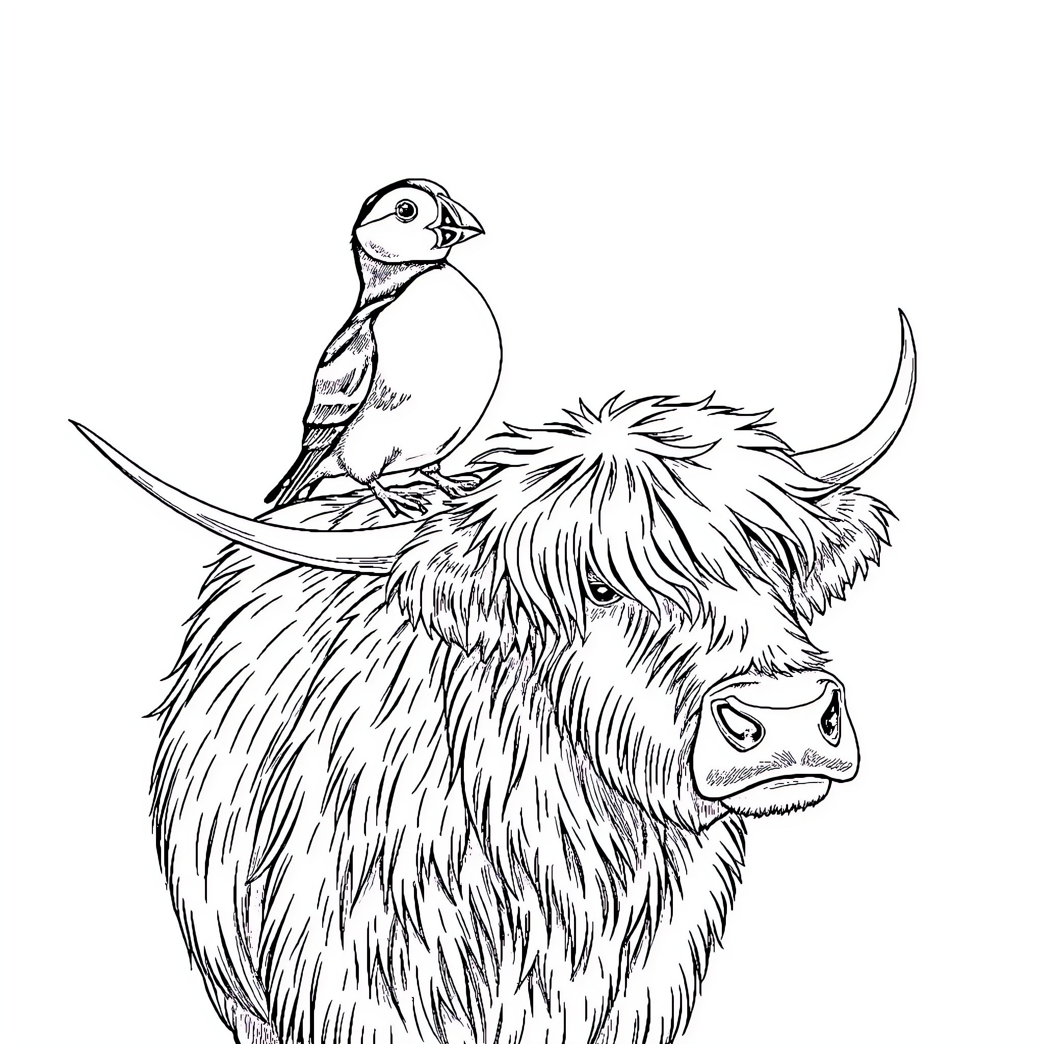 Puffin perched on a shaggy highland cow Coloring Page (free black-and-white line drawing printable PDF for all, from beginners to advanced learners, including children, teens, adults, and seniors)