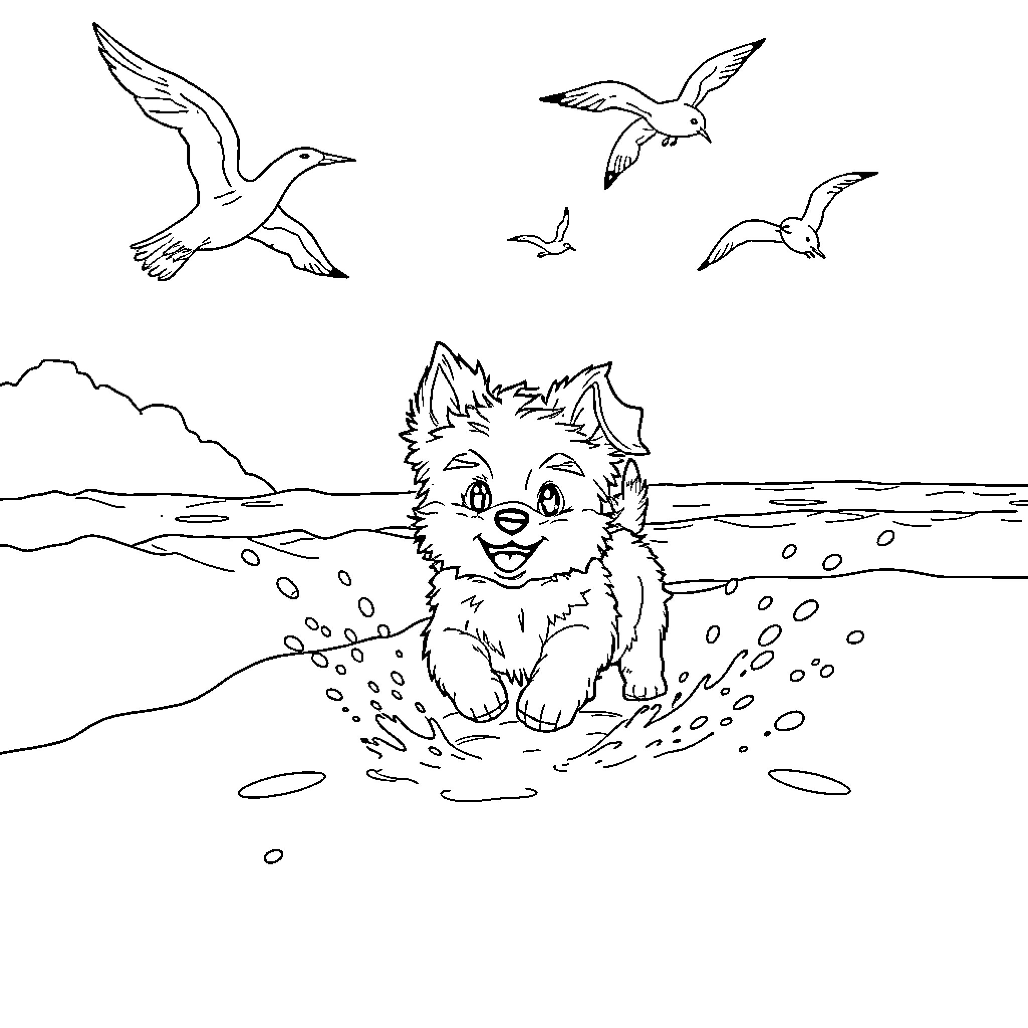 Sprunki's Coastal Adventure with Seabirds Coloring Page (free black-and-white line drawing printable PDF for all, from beginners to advanced learners, including children, teens, adults, and seniors)