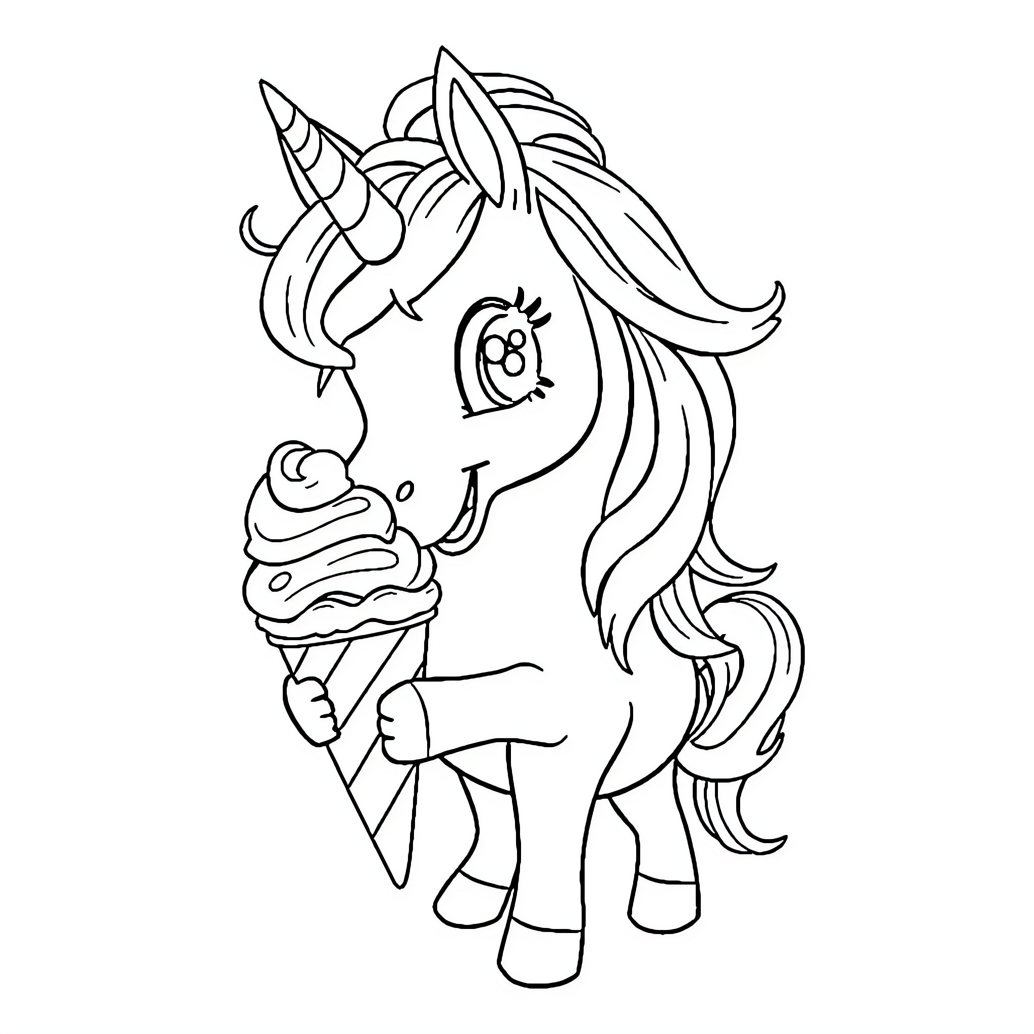 Unicorn eating ice cream happily Coloring Page (free black-and-white line drawing printable PDF for all, from beginners to advanced learners, including children, teens, adults, and seniors)