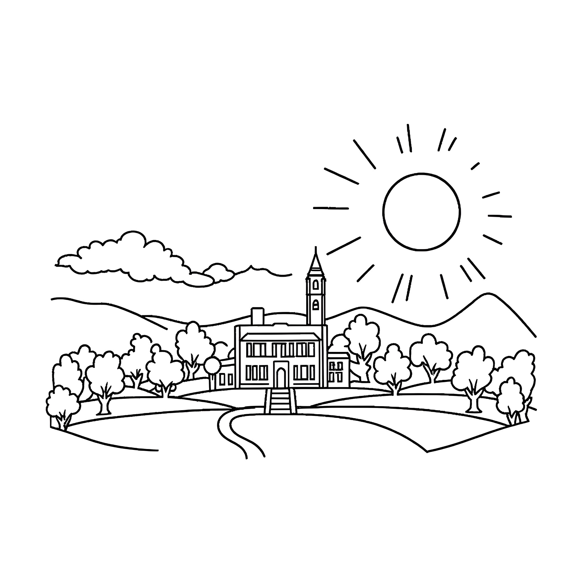 Harvard University campus landscape with buildings and nature Coloring Page (free black-and-white line drawing printable PDF for all, from beginners to advanced learners, including children, teens, adults, and seniors)