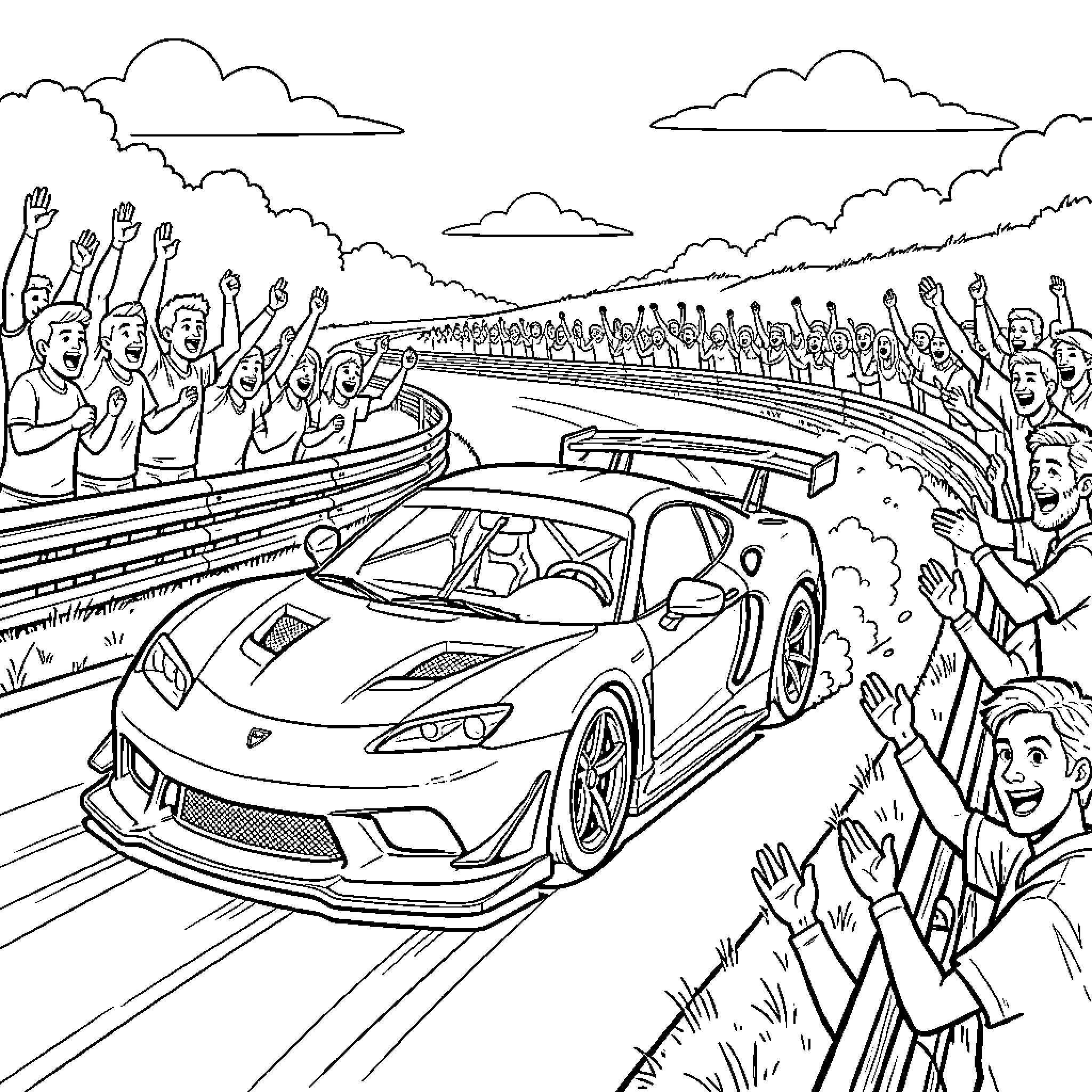 Car racing past a cheering crowd of fans Coloring Page (free black-and-white line drawing printable PDF for all, from beginners to advanced learners, including children, teens, adults, and seniors)
