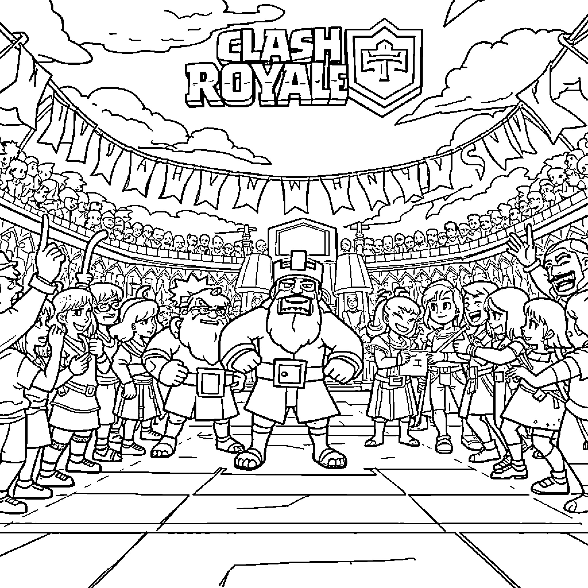 Clash Royale Character Showdown in the Arena Coloring Page (free black-and-white line drawing printable PDF for all, from beginners to advanced learners, including children, teens, adults, and seniors)