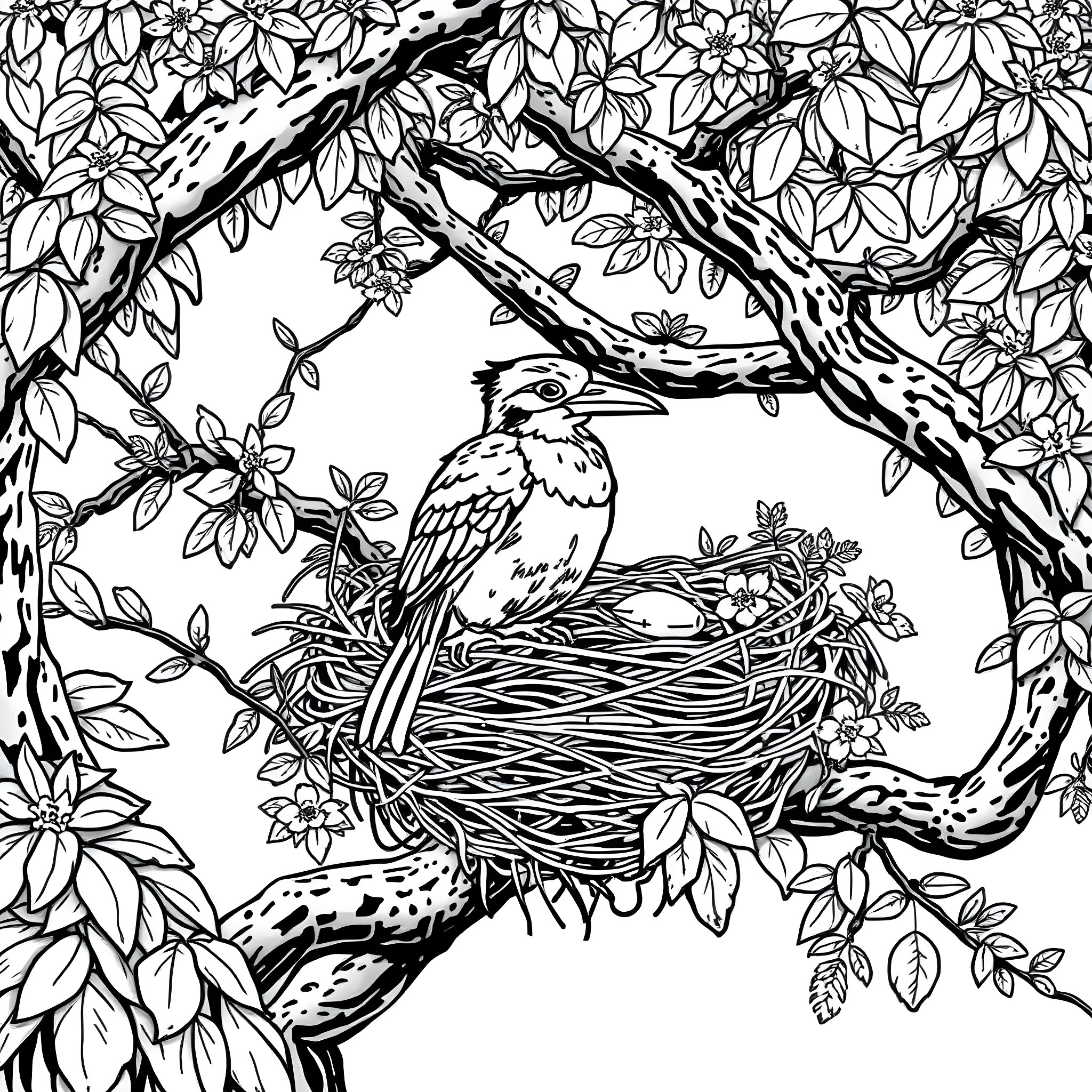 Bird in Floral Nest on Tree Branch Coloring Page (free black-and-white line drawing printable PDF for all, from beginners to advanced learners, including children, teens, adults, and seniors)