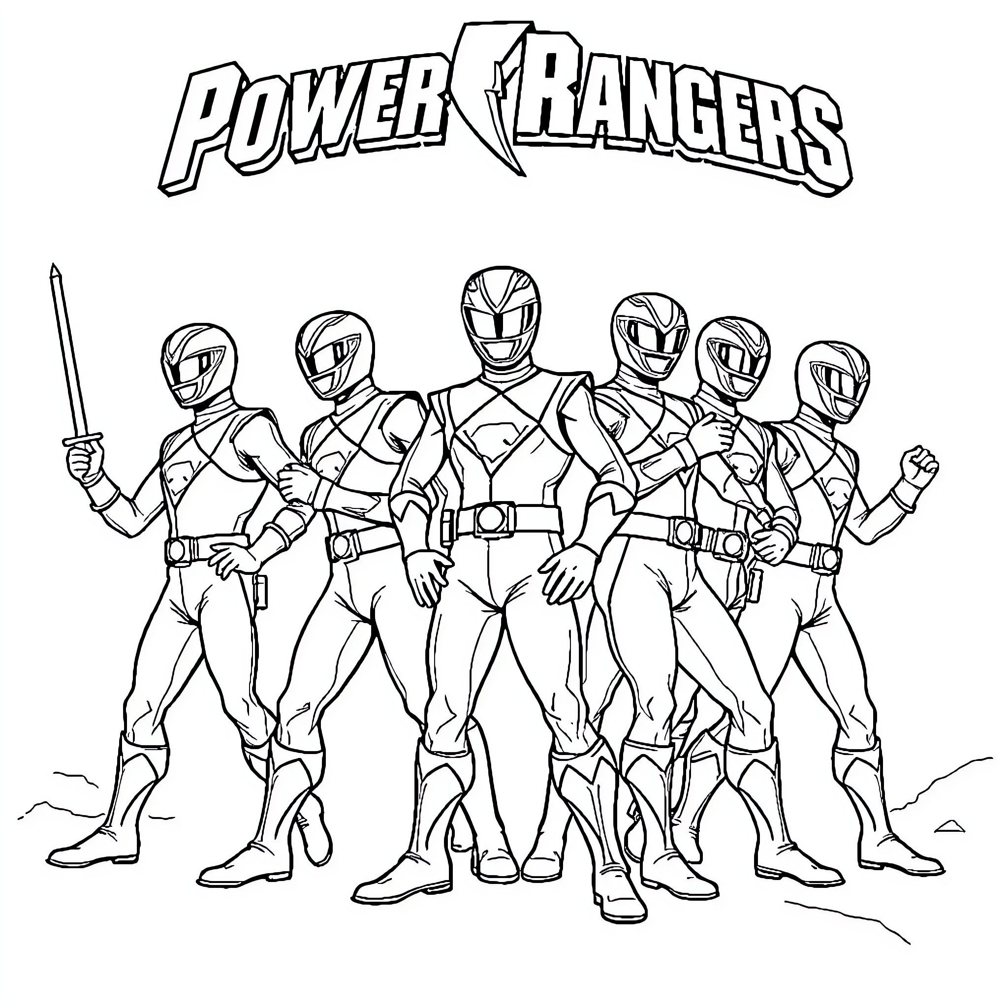 Power Rangers Team Assembled for Action Coloring Page (free black-and-white line drawing printable PDF for all, from beginners to advanced learners, including children, teens, adults, and seniors)