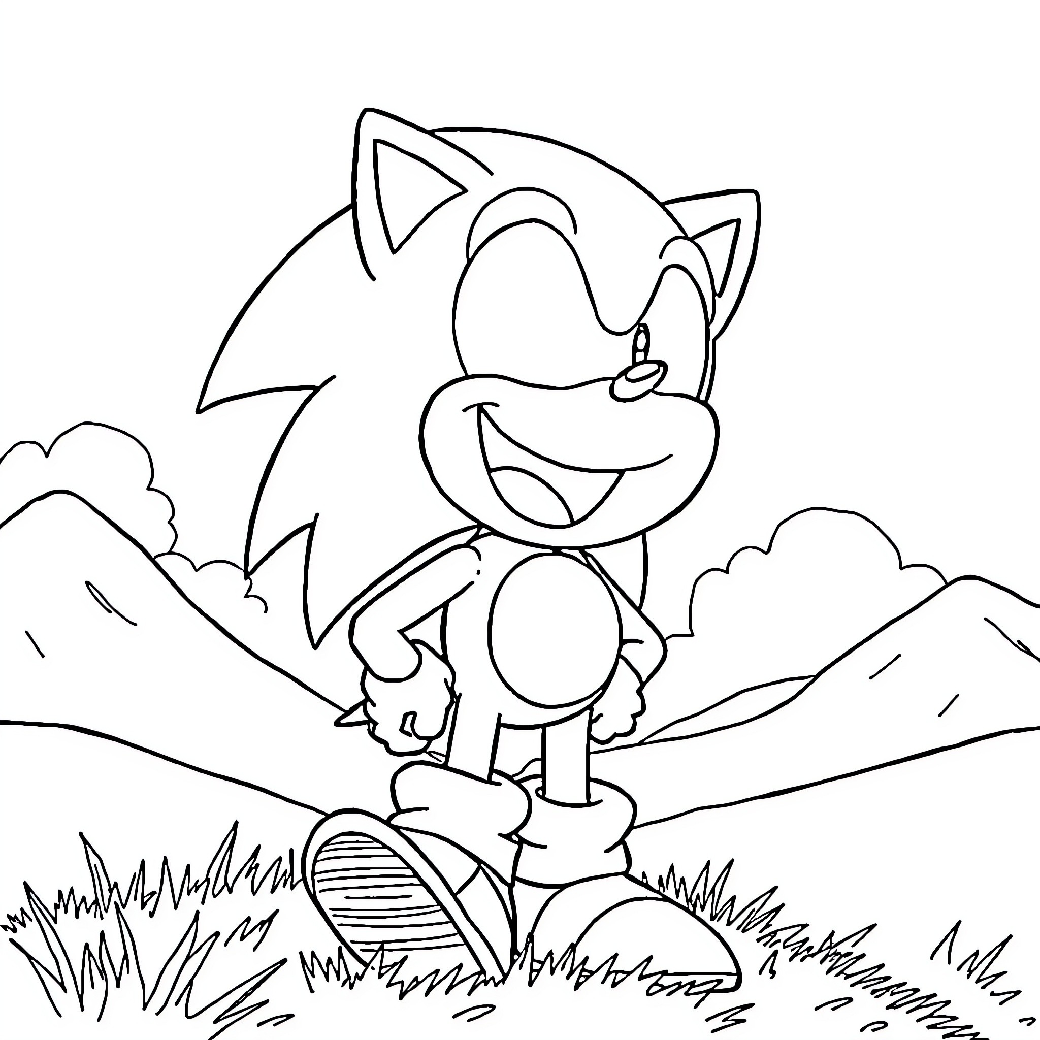 Sonic the Hedgehog runs joyfully in the countryside Coloring Page (free black-and-white line drawing printable PDF for all, from beginners to advanced learners, including children, teens, adults, and seniors)