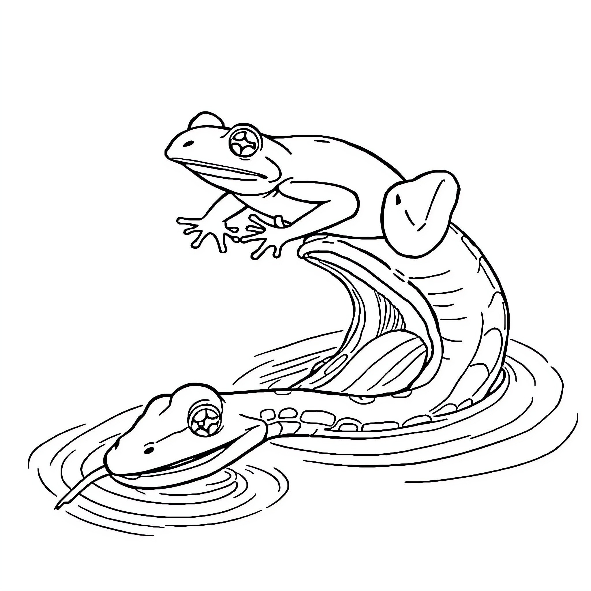 Frog jumping on lily pads in a pond Coloring Page (free black-and-white line drawing printable PDF for all, from beginners to advanced learners, including children, teens, adults, and seniors)