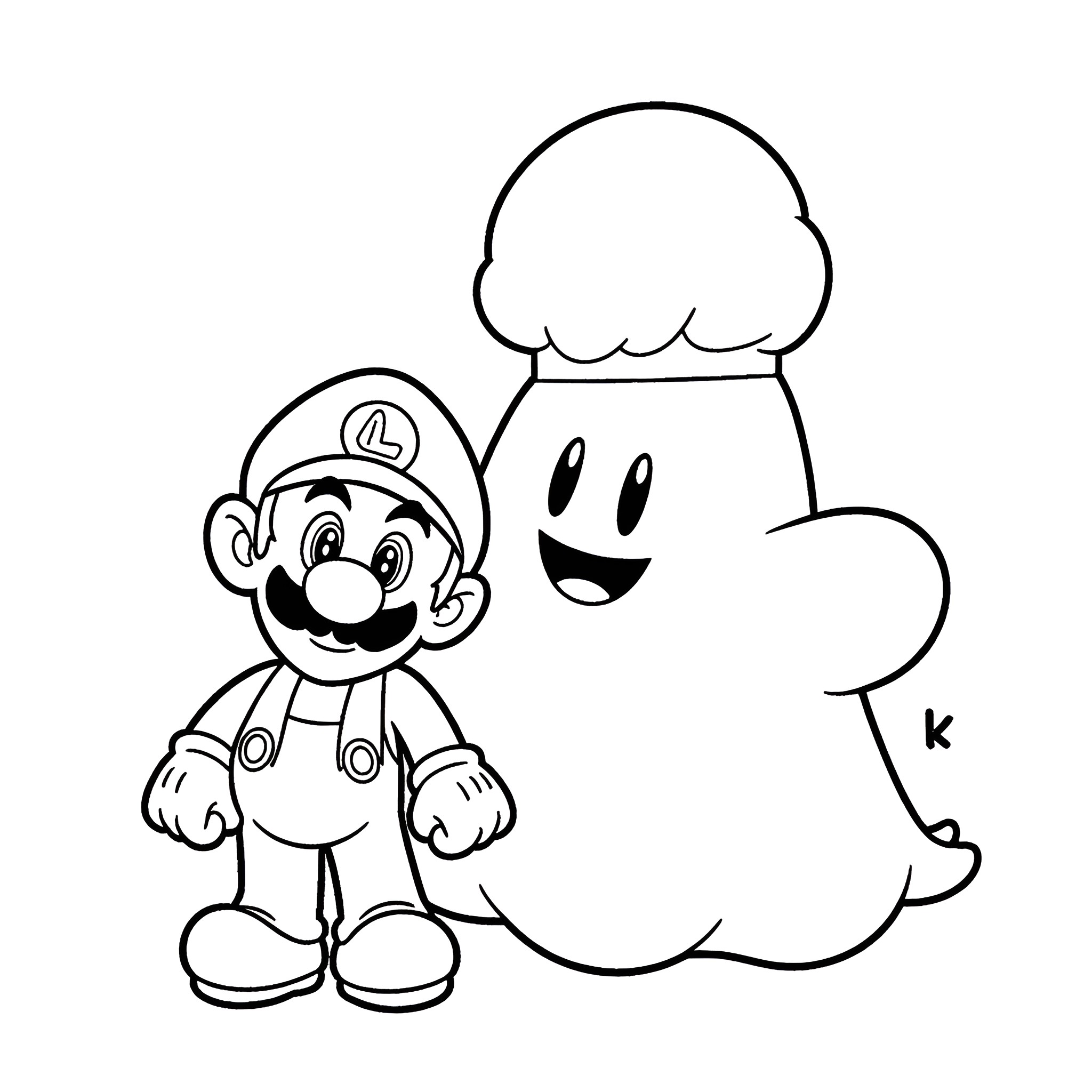 Luigi's Ghostly Adventure Coloring Page (free black-and-white line drawing printable PDF for all, from beginners to advanced learners, including children, teens, adults, and seniors)