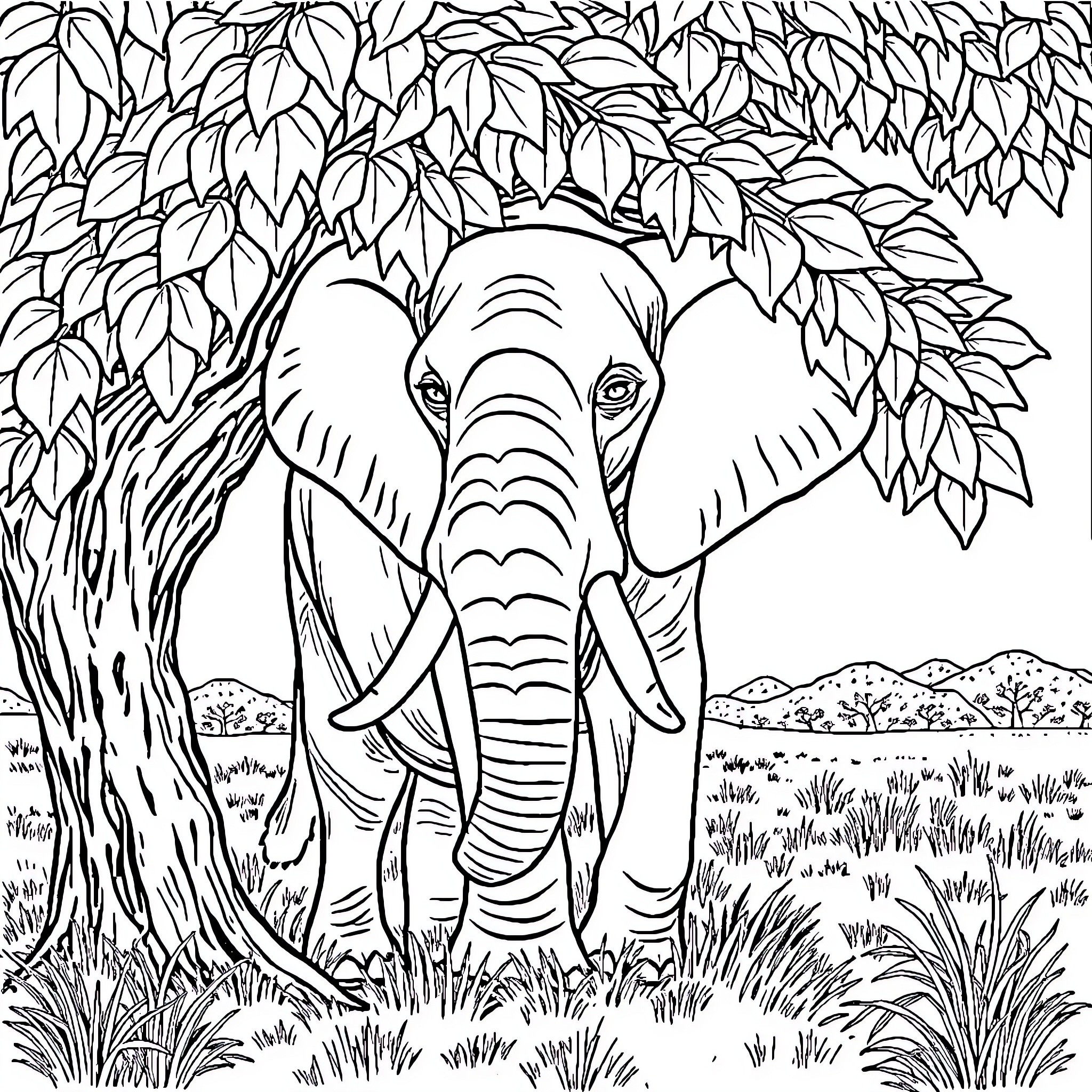 Elephant in a Lush, Leafy Jungle Coloring Page (free black-and-white line drawing printable PDF for all, from beginners to advanced learners, including children, teens, adults, and seniors)