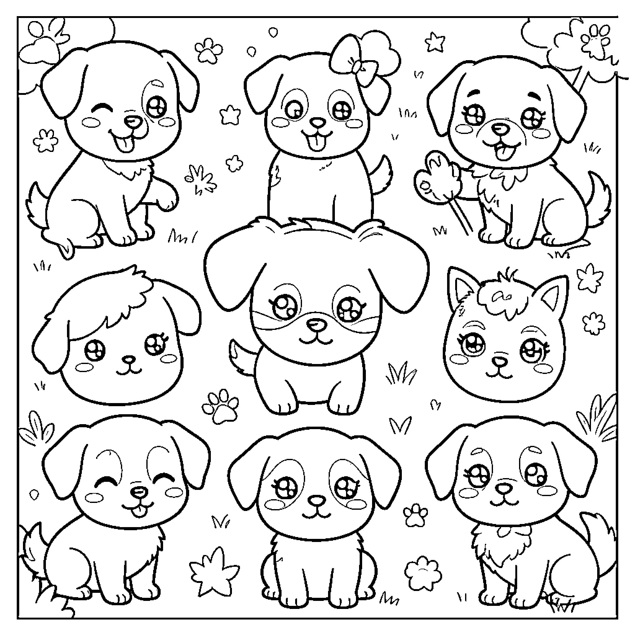 Kawaii Dogs Frolicking in a Flower-Filled Field Coloring Page (free black-and-white line drawing printable PDF for all, from beginners to advanced learners, including children, teens, adults, and seniors)